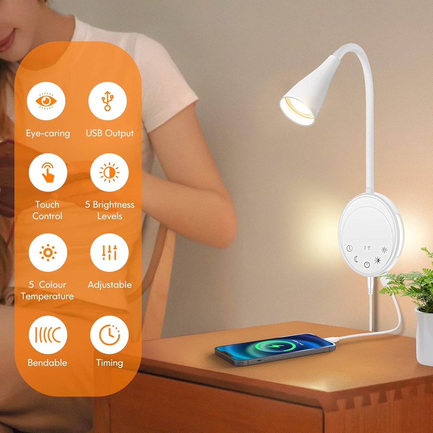 LED Wall Mounted Reading Light, Book Light for Reading in Bed with Touch Control, 5 Dimmable, USB Output, Night Light & Timers Function, Flexible Gooseneck Headboard Bed Lights (White)