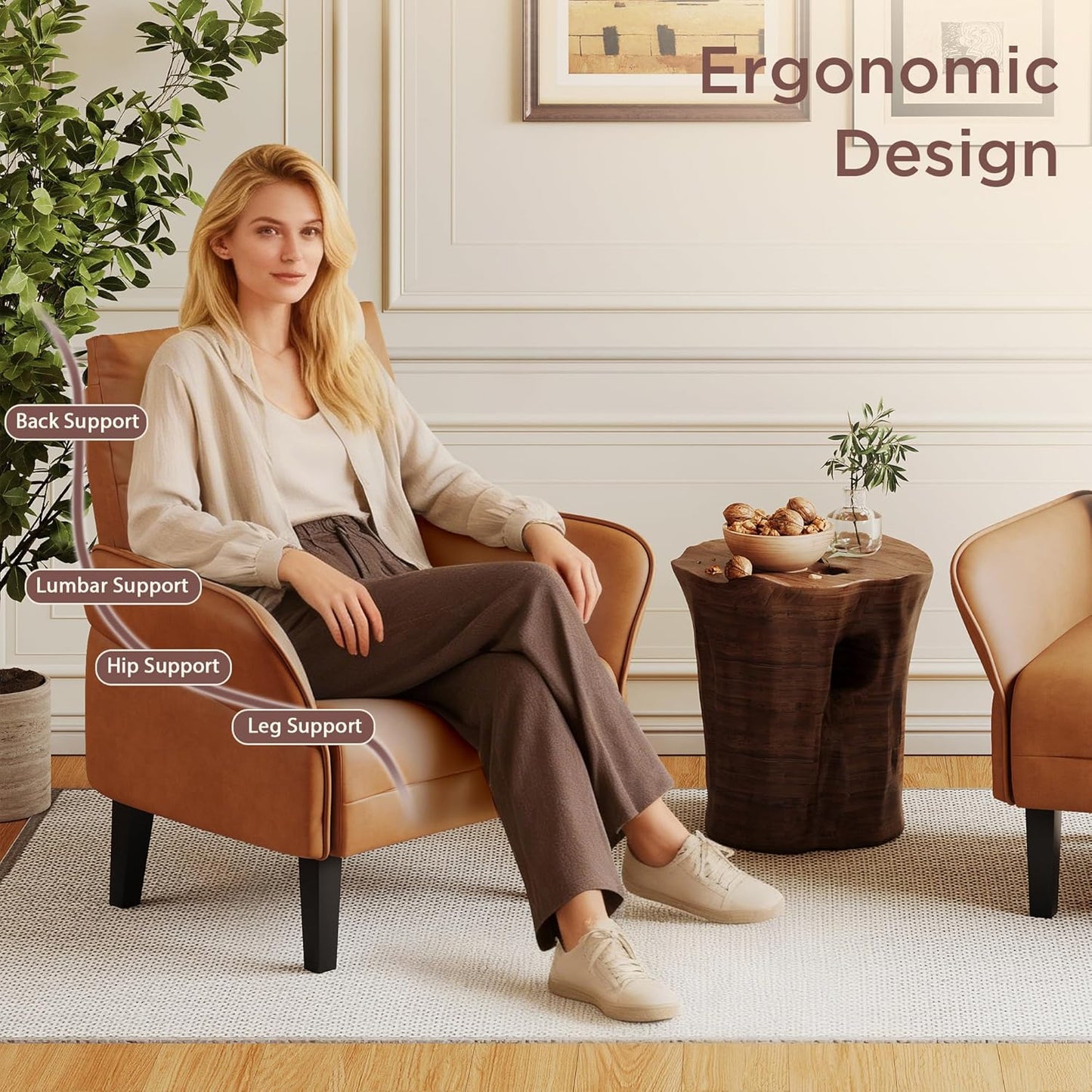 Aklaus Morden Accent Chair with PU Leather Armrest,Upholstered Chairs Lounge Faux Leather Reading Chairs Side Sitting Farmhouse Mid Century Chair for Living Room, Bedroom, Balcony Brown