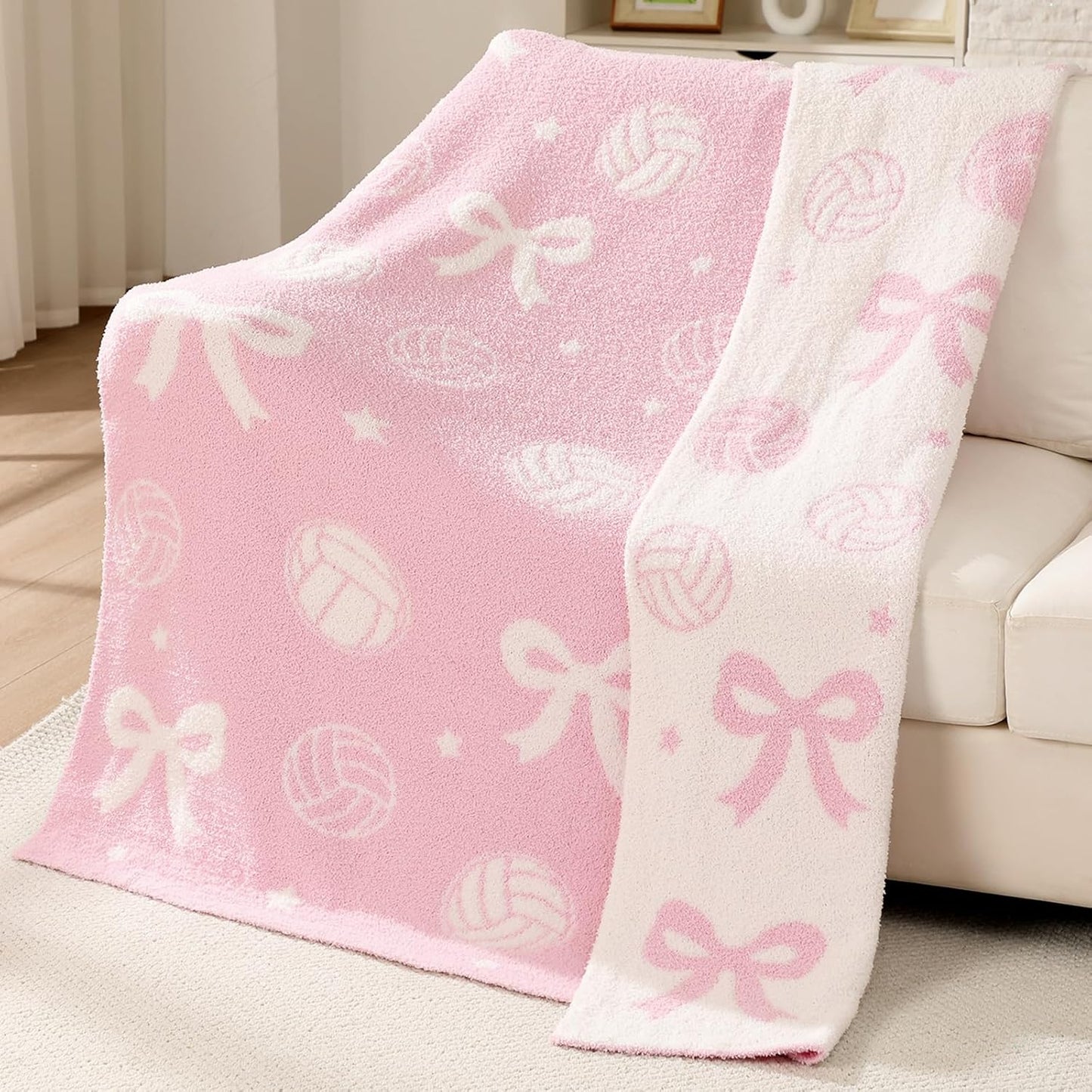 Volleyball Bow Blanket for Teen Girls Reversible Coquettish Bow Sport Cute Soft Flannel Throw Blanket 50 x 60 in Washable Aesthetic Fuzzy Fleece Throw for Couch Sofa Bed Decor Gift