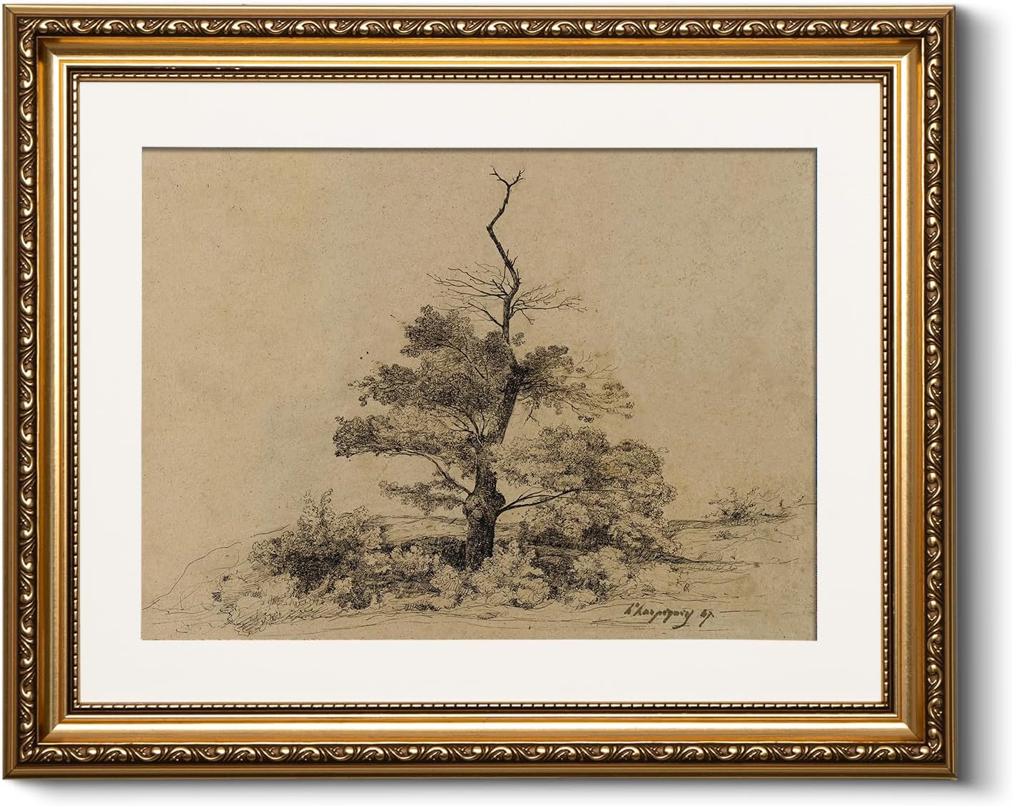 Vintage Gold Relief Framed Tree Sketch Wall Art 13x16 Inch, Classic Landscape Neutral Beige Artwork, Antique Nature Drawing Print Living Room Bedroom Study Office Hallway Farmhouse Home Decor