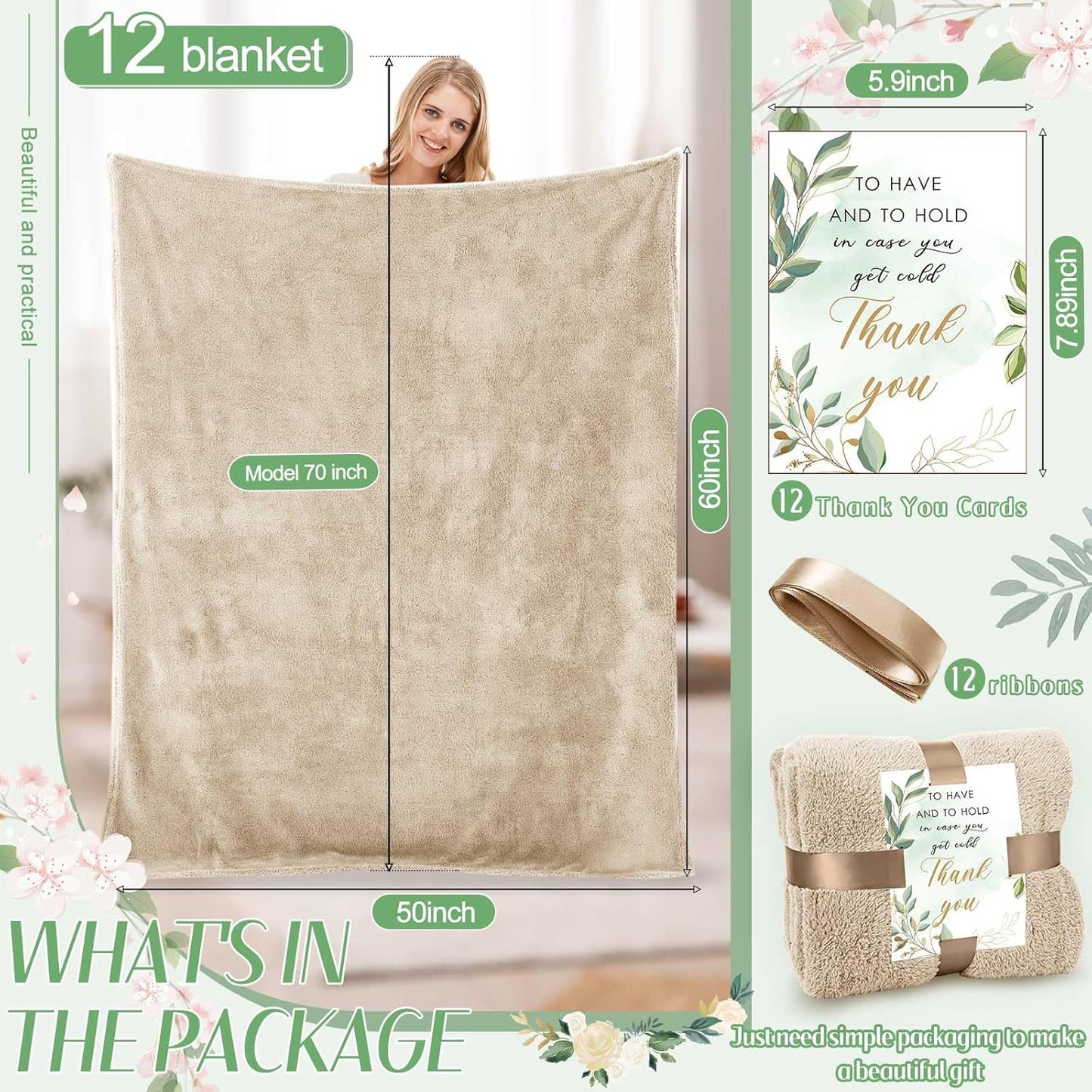 Tinideya 12Pcs 50 x 60'' Sherpa Fleece Throw Blanket Bulk with Thank You Cards and Ribbon Soft Sherpa Throw Warm Fleece Blankets for Wedding Gifts Bed Couch Sofa Season(Khaki)