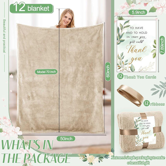 Tinideya 12Pcs 50 x 60'' Sherpa Fleece Throw Blanket Bulk with Thank You Cards and Ribbon Soft Sherpa Throw Warm Fleece Blankets for Wedding Gifts Bed Couch Sofa Season(Khaki)