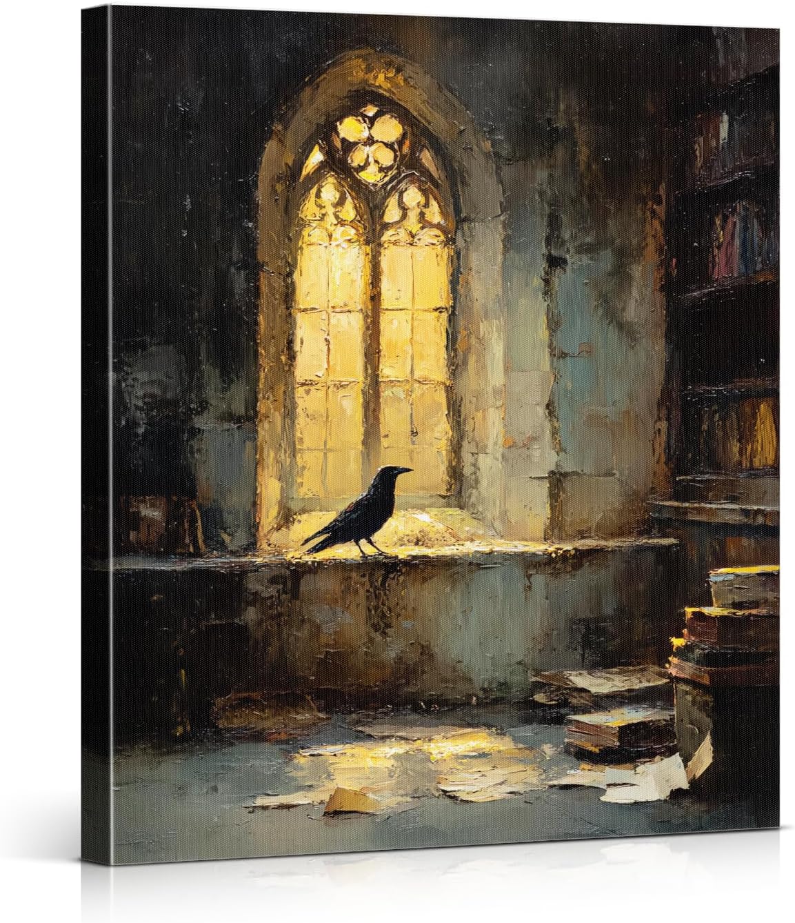 Vintage Bookshelf Raven Wall Art Print - Gothic Dark Academia Canvas Poster Painting - Book Lover Gifts Wall Decor for Reading Nook Library 8x10 Inch Framed
