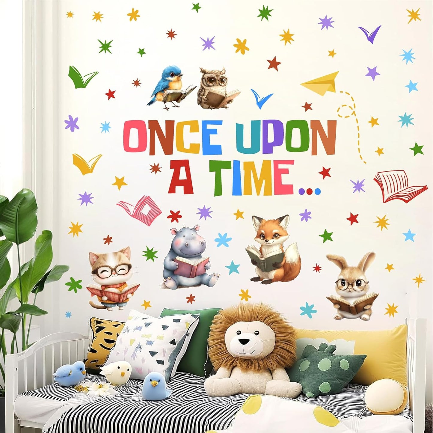 Reading Wall Decal Library Book Wall Stickers Story Read Book Animal Wall Decals Peel and Stick Reading Corner Wall Stickers for Nursery Kids Room Playroom Daycare Classroom School Decor