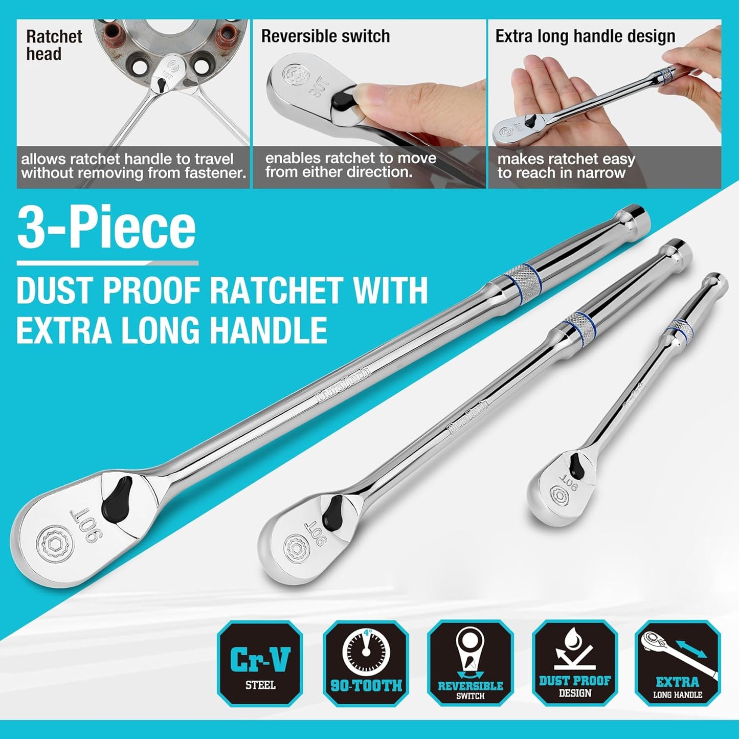 DURATECH 3-Piece Extra Long Drive Ratchet Handle, 1/4", 3/8", 1/2" 90-Tooth Ratchet Wrench with Dust Proof Teardrop Enclosed Head, Reversible, CR-V Steel Made, CR-MO Head, Full Polished, Gifts for Men
