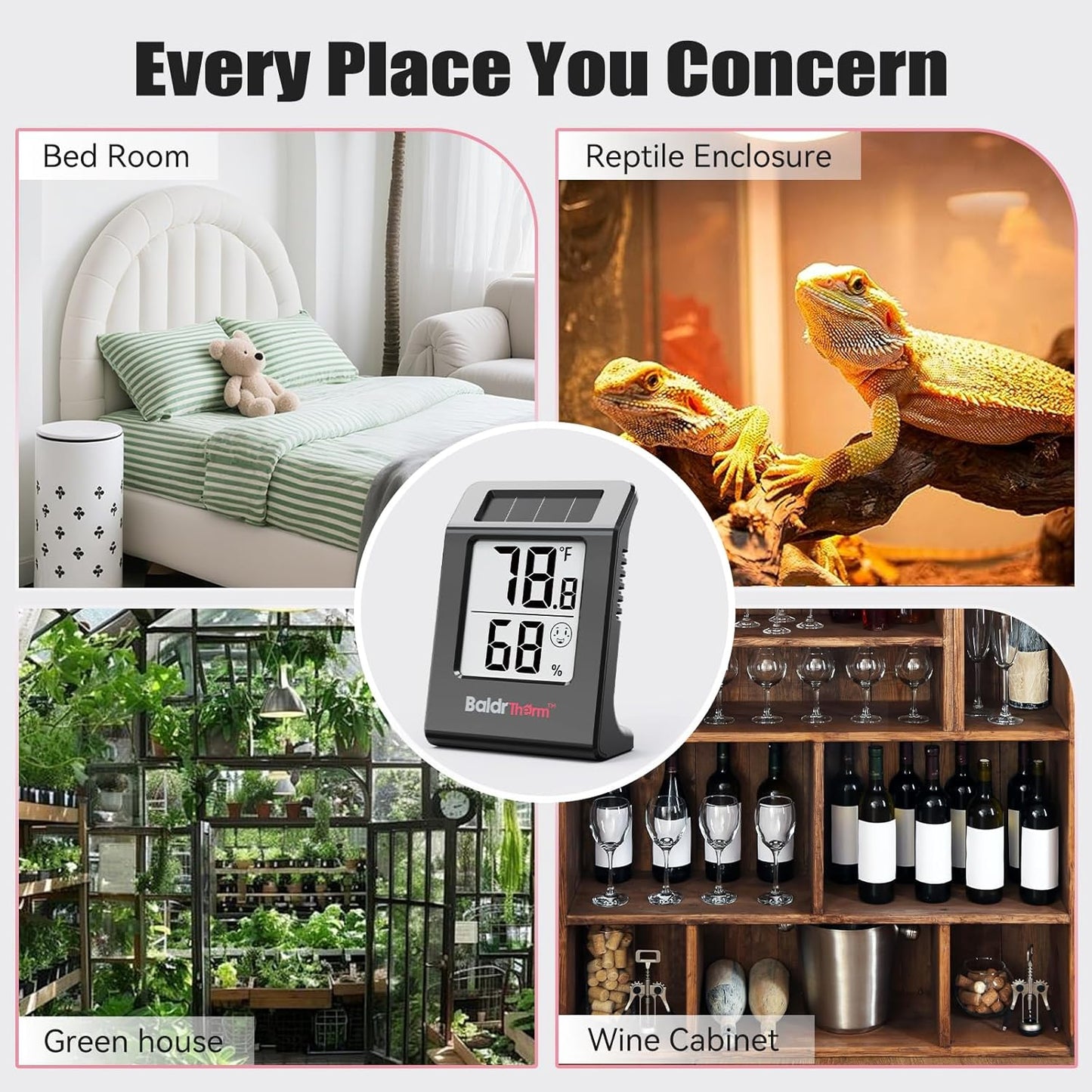 BaldrTherm Humidity Thermometer Meters, Solar-Powered Indoor Temperature Sensor Humidity Monitor, Humidity Gauge for Baby Rooms, Bedrooms, Home, Office, and Wine Cellars, 2Pack,Black