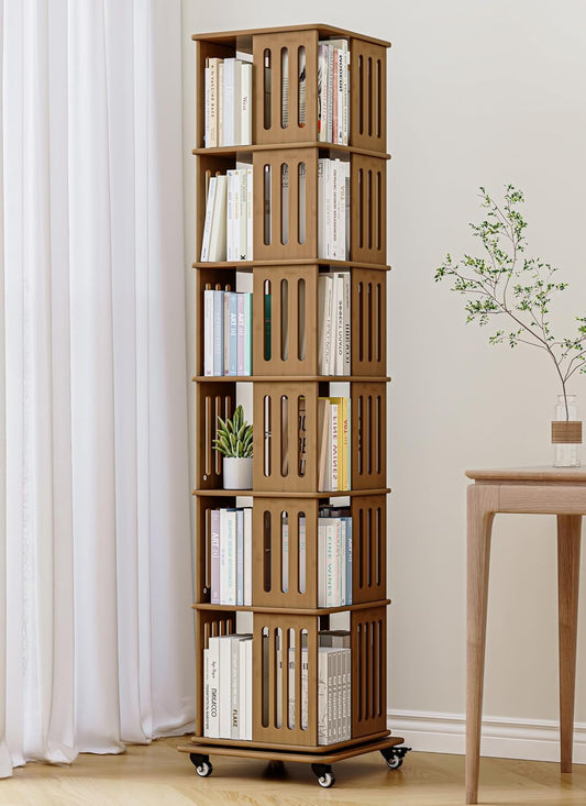 Baoz 6 Tier Square Rotating Bookshelf, 360 Display Spinning Bookcase Organizer with Bamboo, Corner Floor Standing Storage Rack for Small Space, Bedroom, Living Room, Home Office