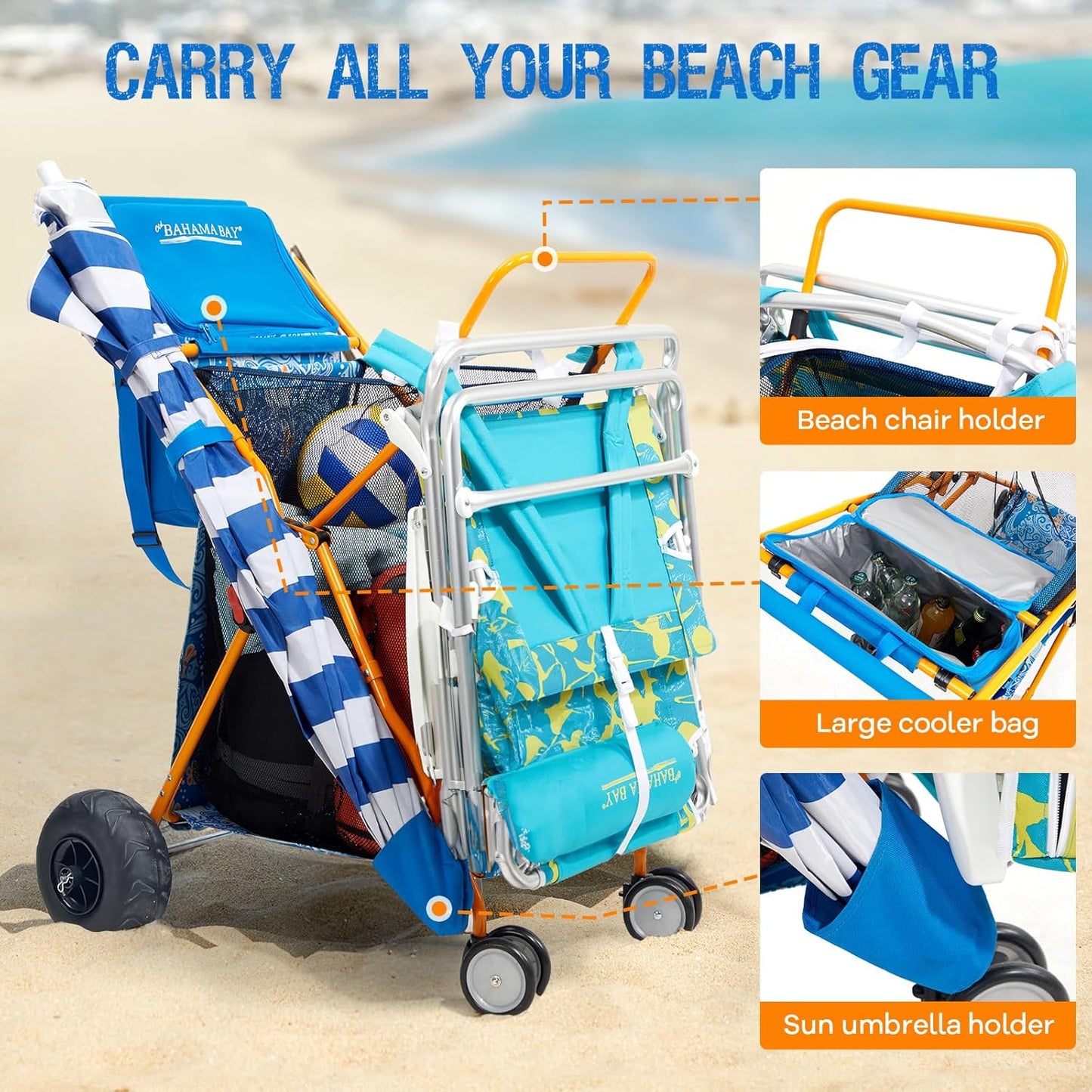 Old Bahama Bay Heavy Duty Beach Cart with 9” Balloon Wheels, All-Terrain Sand Wagon Replacement, Inflatable Big Wheels for Soft Sand, Foldable Beach Gear Carrier with Cooler & Umbrella Holder, 100lbs