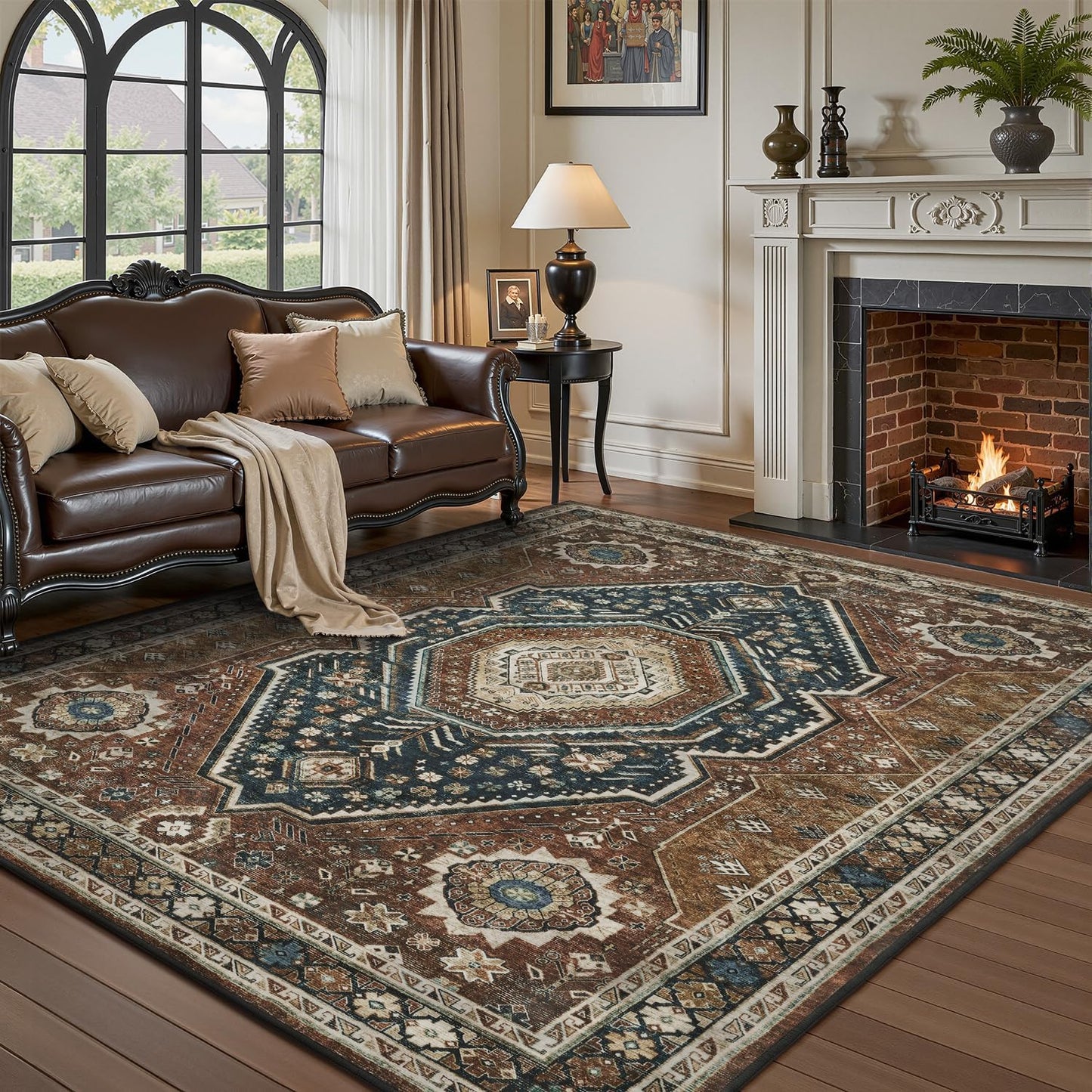 RESARE-Area Rug 6X9 Rug for Living Room-Machine Washable Rugs for Bedroom-Soft Vintage Blue Orange Non Slip Carpet- Rug for Dining Room Office Under Bed or Table