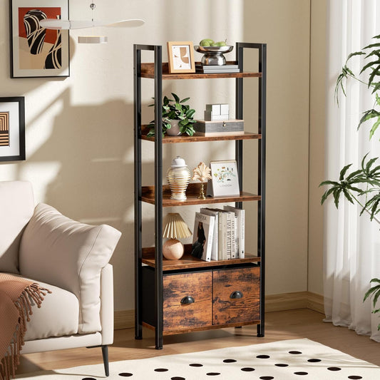 Furologee 5-Tier Bookshelf, Tall Bookcase with 2 Storage Drawers, Industrial Standing Storage Shelf, Wood Metal Display Rack for Living Room Bedroom Home Office, Rustic Brown