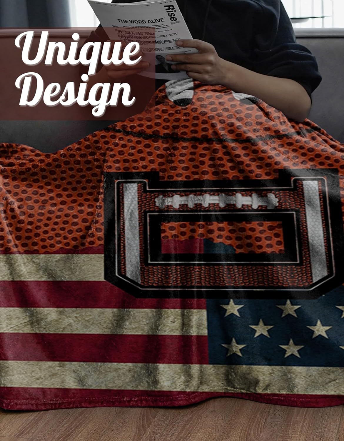 Football Blanket for Boys, Teen, Coaches, Personalized Blanket with Initials, Flannel Throw Blanket for Birthday, Christmas, 50x65 Inches, D