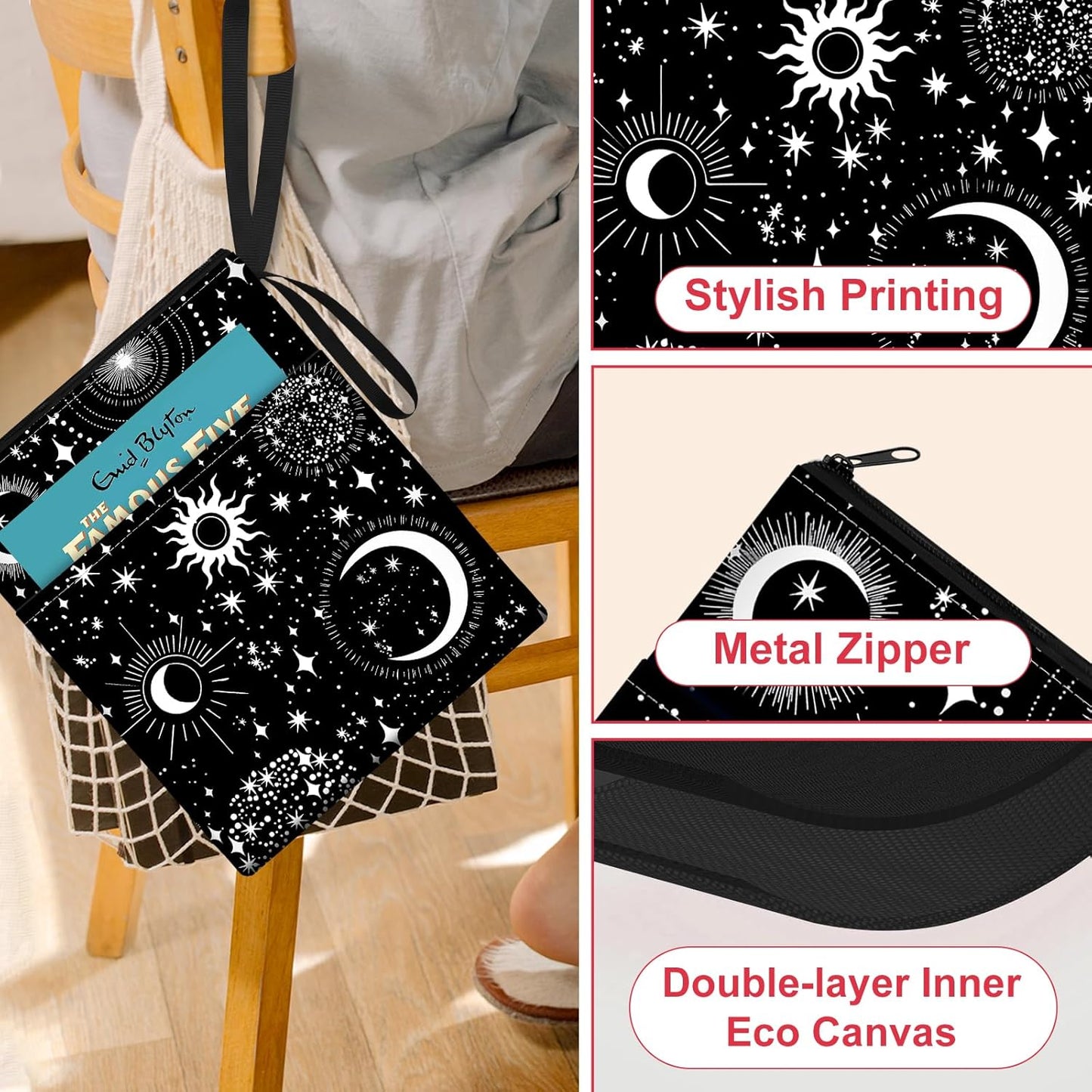 Slohif Book Sleeve Pouch Book Cover Protector with Zipper Black Book Beau Booksleeve Pouches for Paperback HardBook Cover Reading Accessories Item for Students Women Readers(Sun Moon)