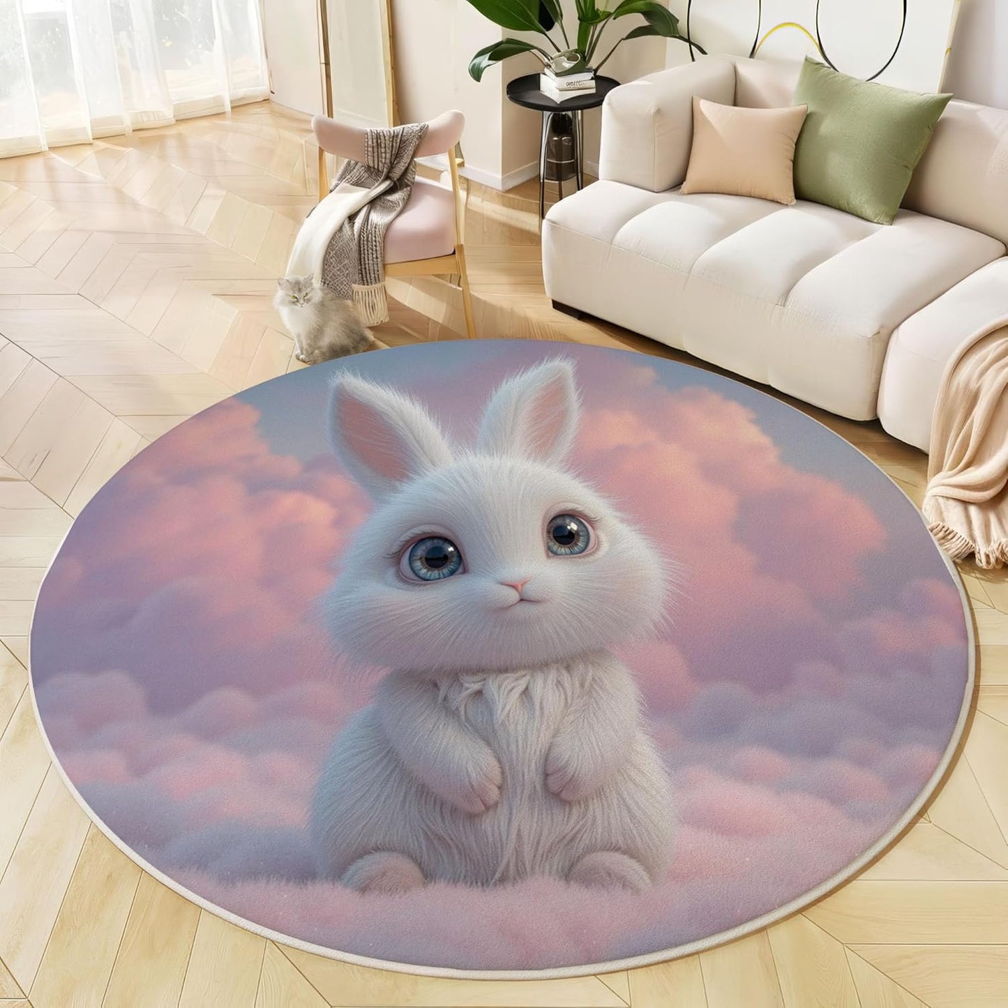 Washable Cute 3D Design Rabbit Sea of Clouds Area Rug, 3Ft Round Rugs for Living Room Soft Carpet for Bedroom Dreamy Animal Indoor Stain Resistant Non-Shedding Floor Carpet, Pink, 3Ft-Round