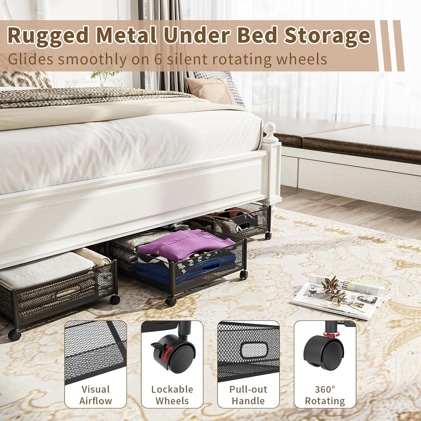 Under Bed Storage with Wheels, 31.5in / 35L Large Rolling Underbed Storage, Underbed Drawer on Wheels, Tool-free Assembly Metal Under Bed Drawers Organizer Container for Bedroom Shoes Clothes Toys