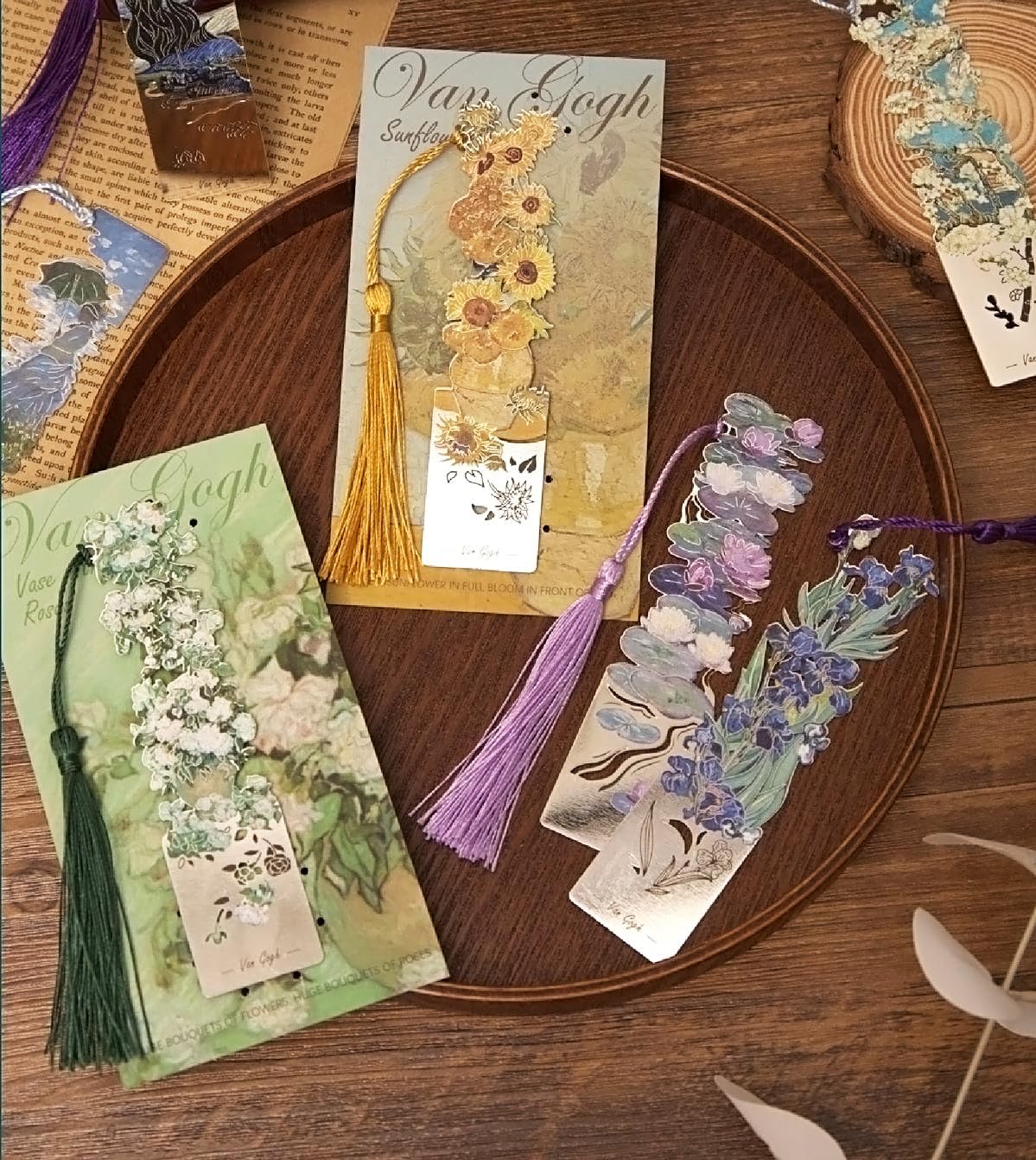 2 Pcs Metal Bookmarks with Tassel, Sliver Hollow Bookmark Van Gogh Oil Painting Theme Bookmark Art Bookmarks for Book Lovers Writers Readers Children Teens Men Women Adults (Blossoms+ Rose)