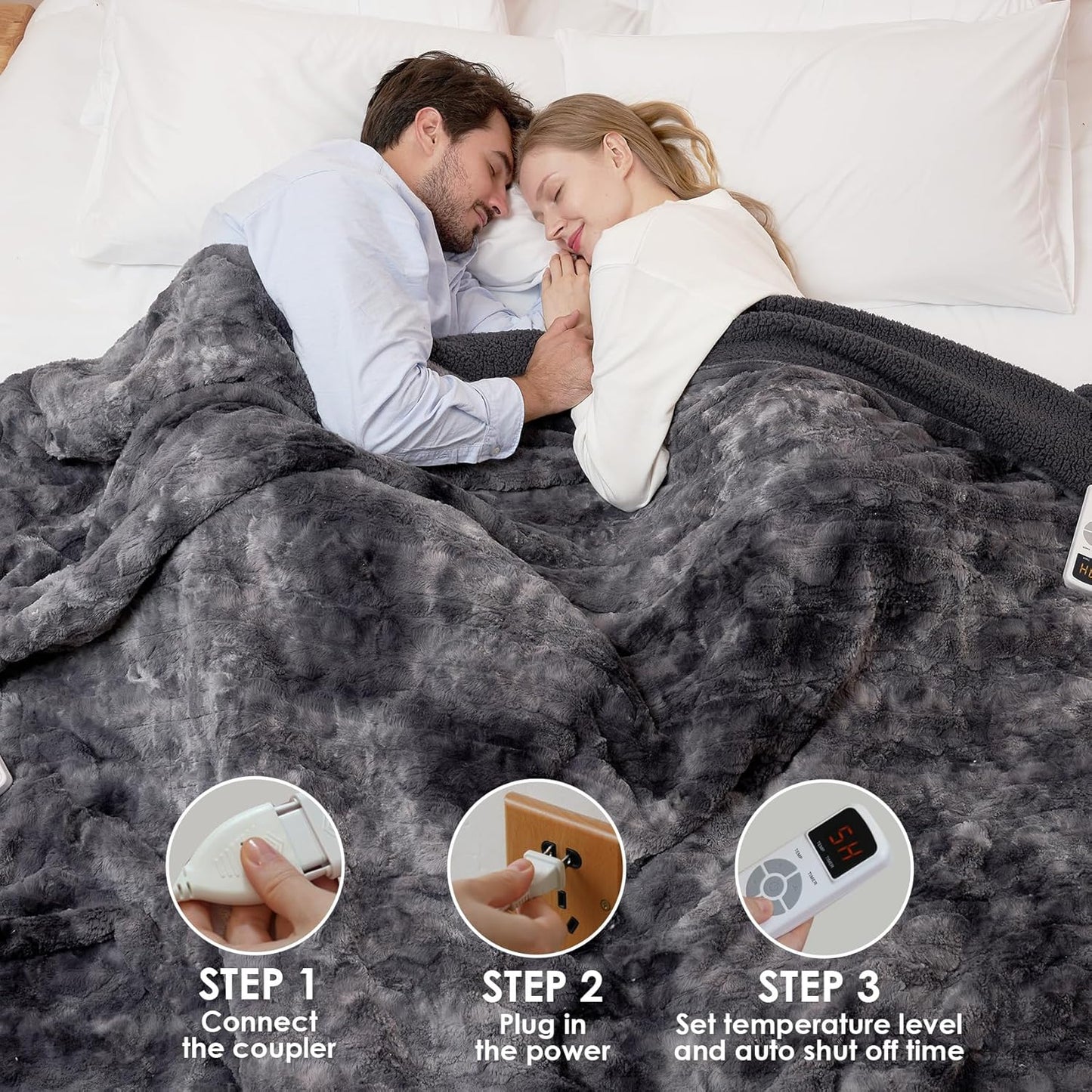 EHEYCIGA Faux Fur Heated Electric Blanket King Size - 9 Heating Levels, 10 Hours Auto Off, Soft Cozy Washable Dual Control With Fast Heating, 90 x 100 Inches