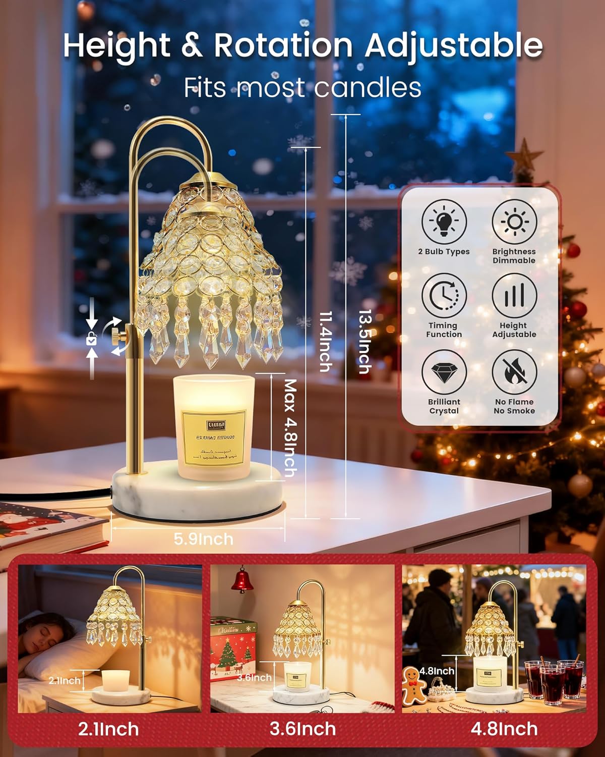 KISUFU Smart Crystal Candle Warmer Lamp with Timer - 2-in-1 Table Lamp & Adjustable Height, 50W Halogen Bulb + 5W Night Light, Luxury Valentine Gift for Women, Christmas, Fall Home Decor (Gold)