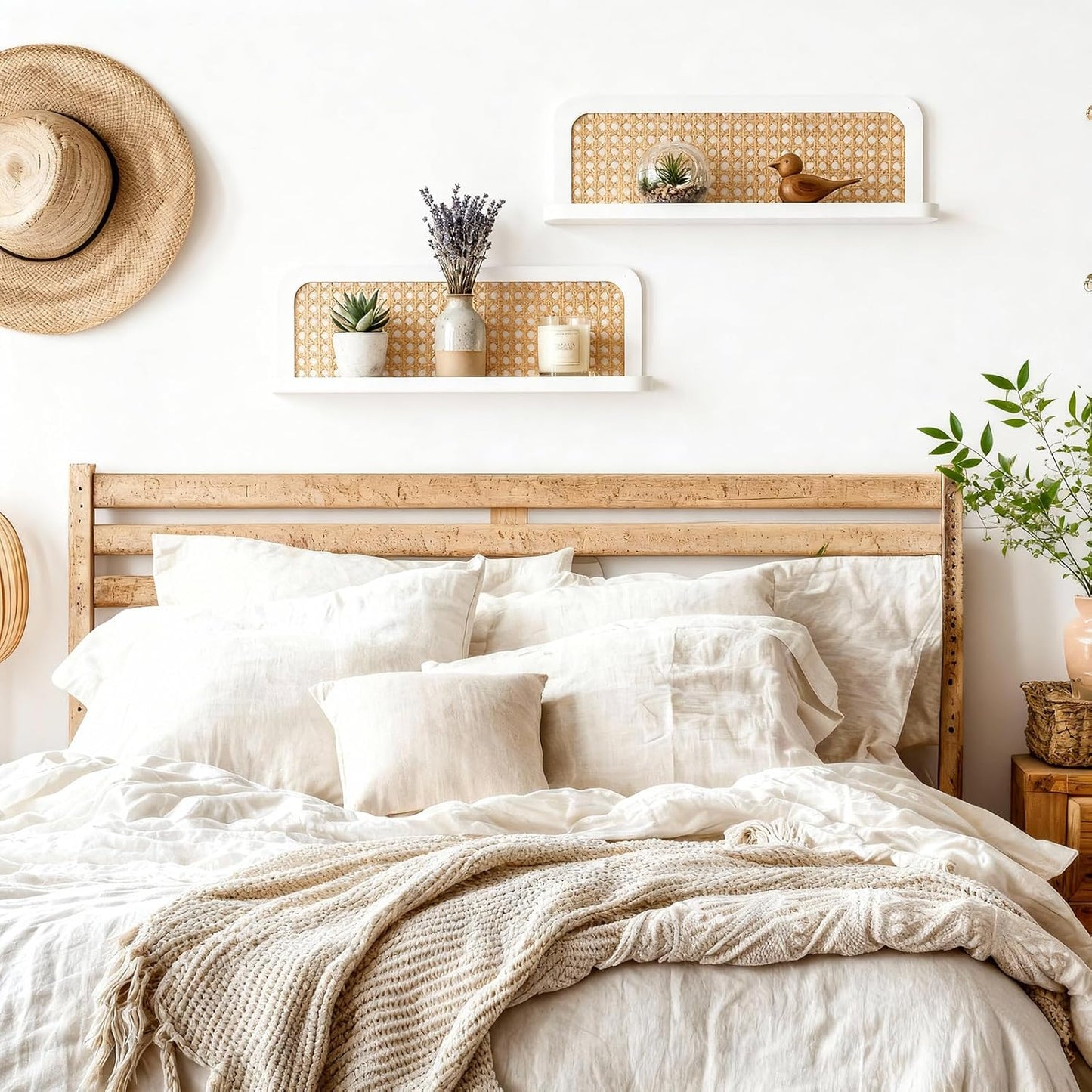 Kathfly Floating Shelves for Wall Set of 4 Mounted Rustic Boho Rattan Wood Wall Shelves for Bathroom Bedroom Living Room Kitchen 15.7 White Hanging Shelf for Book Storage Farmhouse Decor