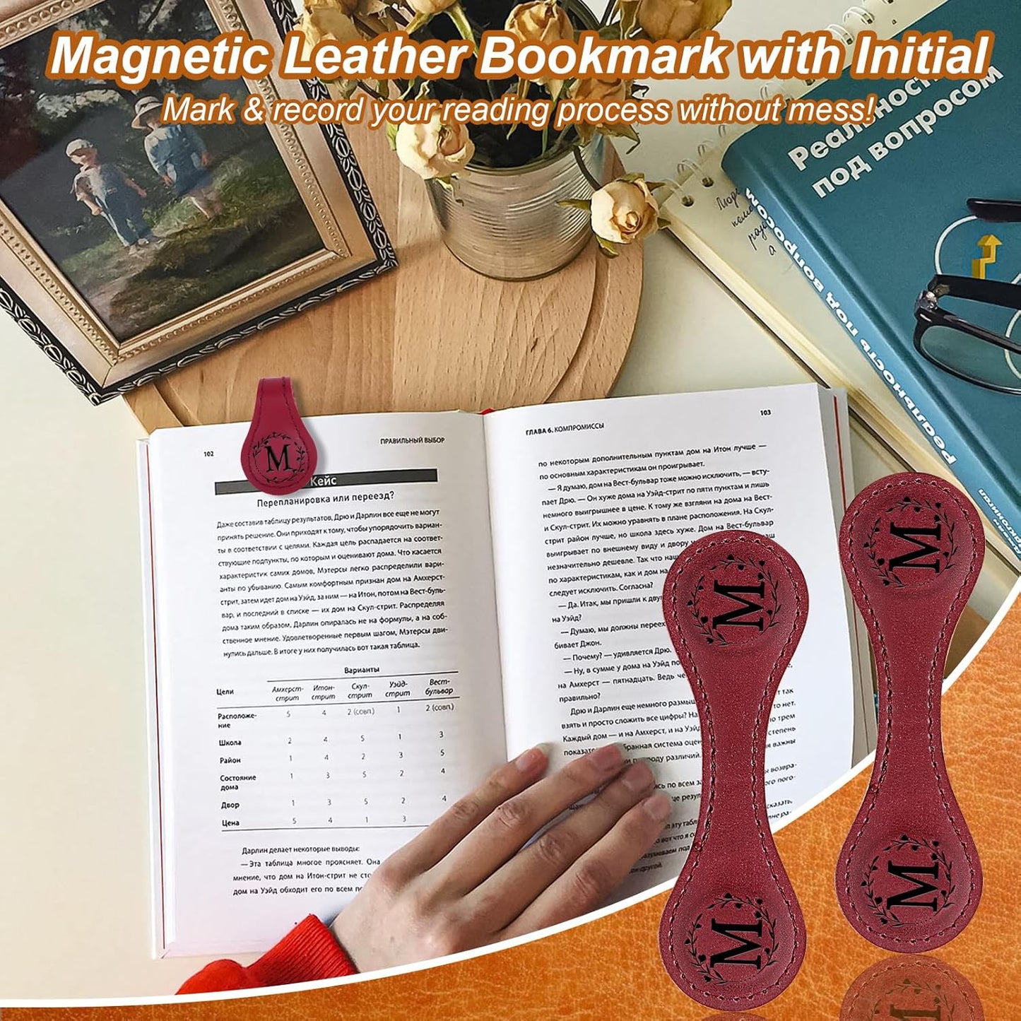 2PCS Magnetic Bookmarks, Magnetic Leather Bookmark with Initial, Double-Sided Magnetic Bookmarks for Women, Bookmark Clip Gift for Book Lover Readers Men Women Teachers Students, Book Accessories (M)