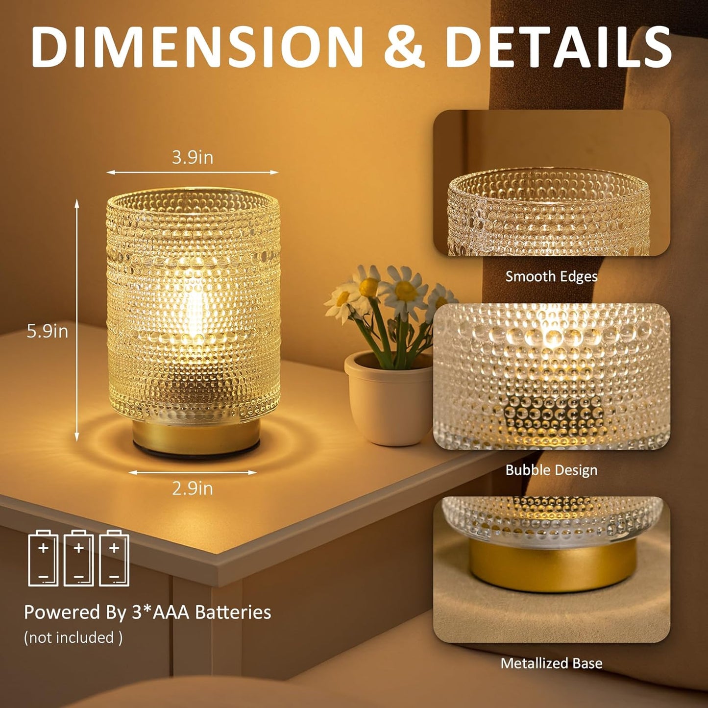2 Pack Battery Operated Decorative Lamp with Timer for Bedside,Small Cordless Table Lamps with LED Warm Bulb for Shelf/Coffee Table/Entryway/ Bathroom or Kitchen Counter/ Dorm/Office Cubicle(Clear)
