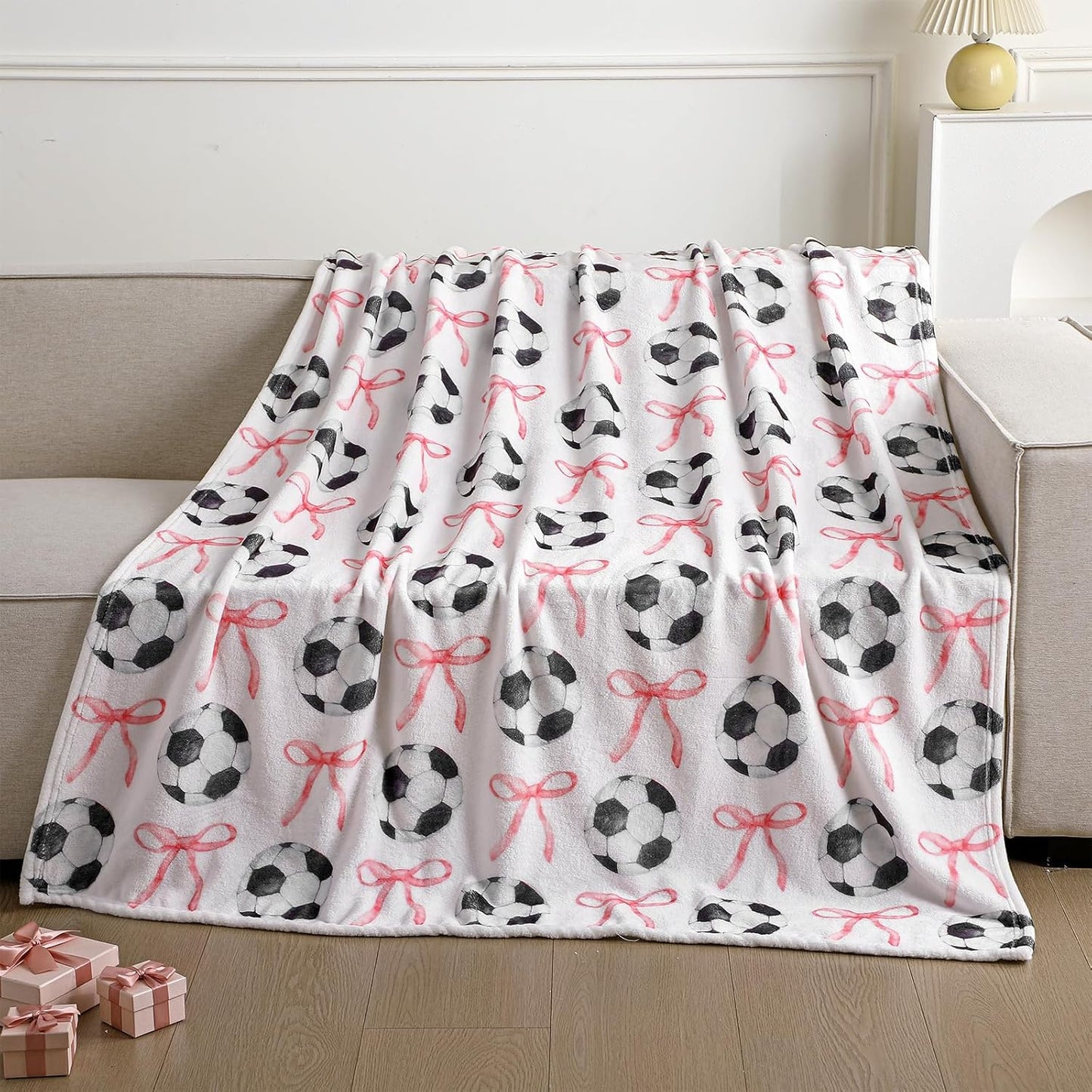 Pink Bow Soccer Blanket for Teen Girls Cute Soft Flannel Throw Blanket Washable Aesthetic Fuzzy Fleece Throw for Couch Sofa Bed Decor, Valentine Galentines Day Gift 50 x 60inch