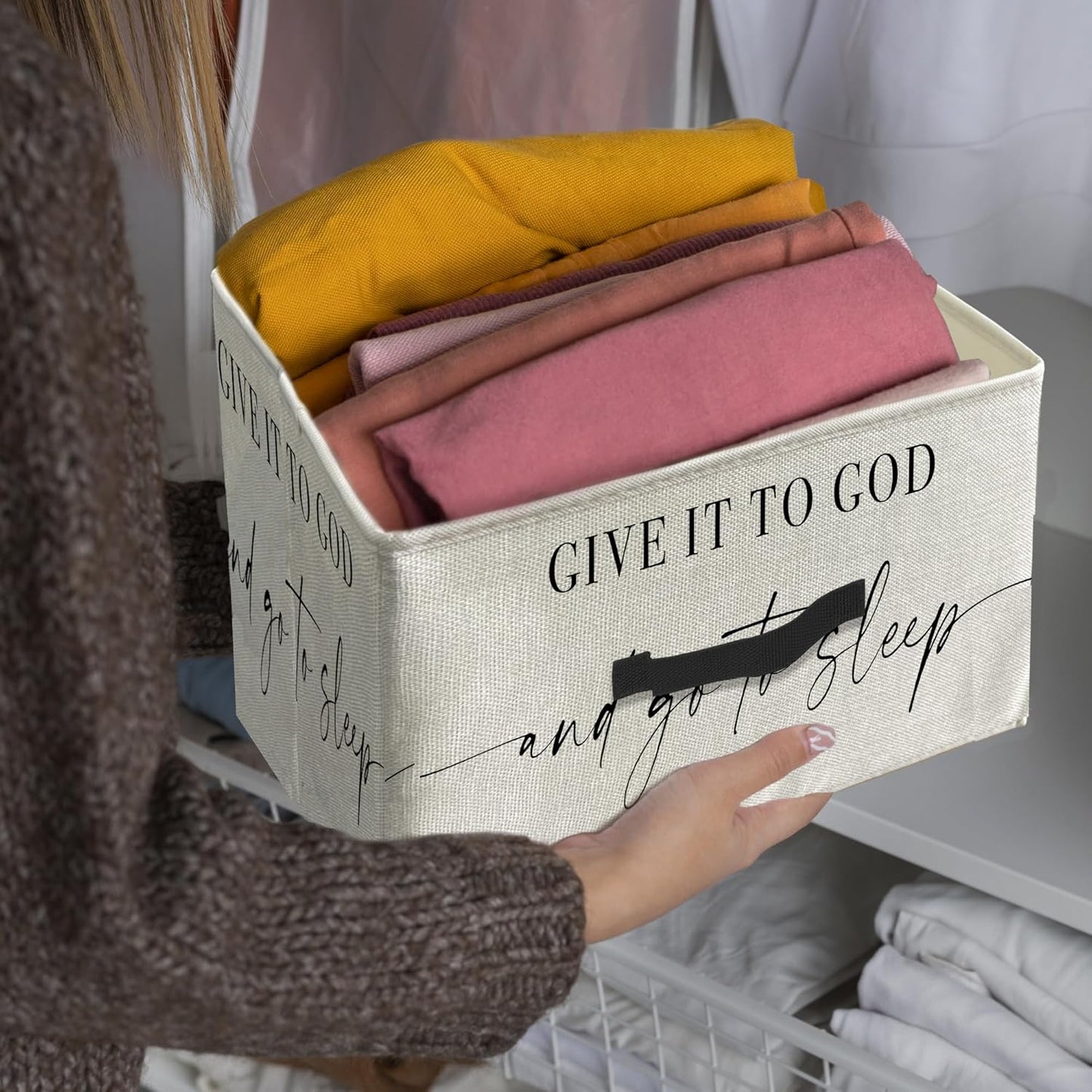 Knibeo Give It God and Go To Sleep Christian Fabric Storage Bins for Shelves Closet, Minimalist Religious Bible Verse Collapsible Cube Baskets Organizer for Clothes Books Toys