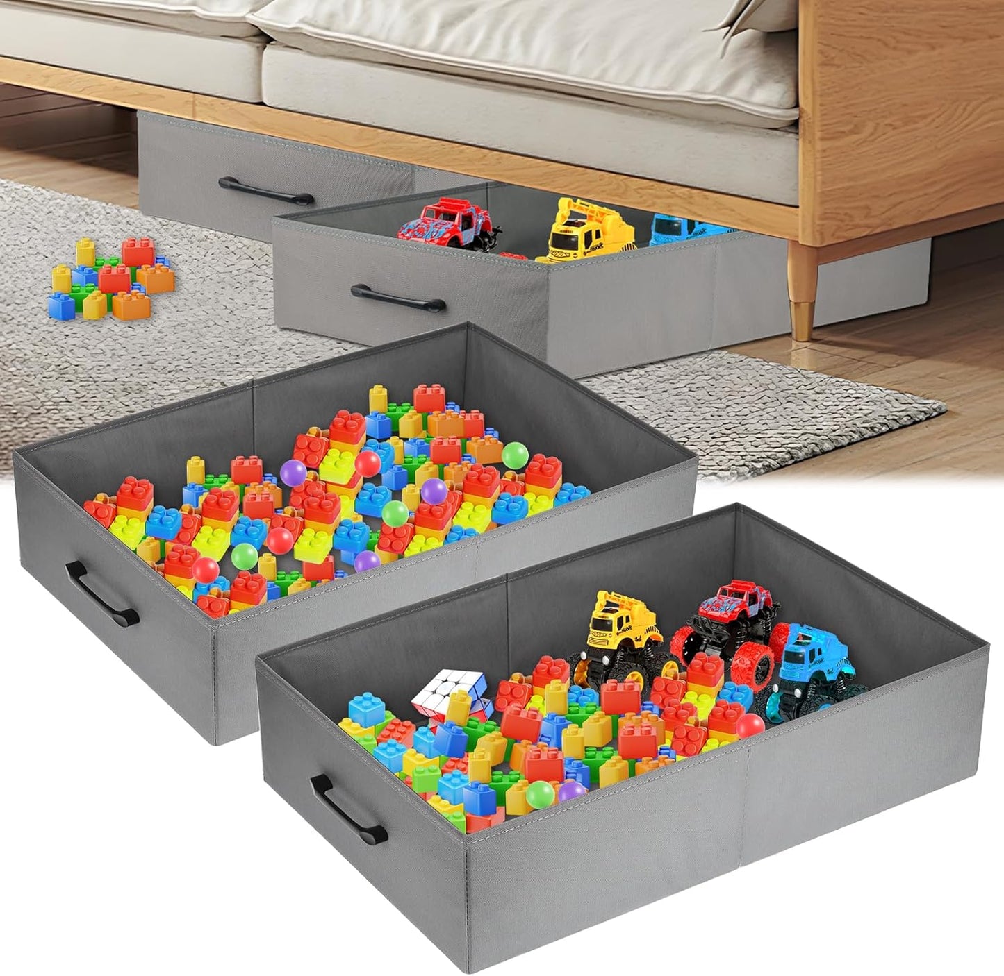 CIEOVO 2 Pack Under Couch Storage Containers, Foldable Under Sofa Storage Organizer Under Couch Storage Box with Handle for Toys Puzzles Dolls Books Graffiti Graffiti Tools