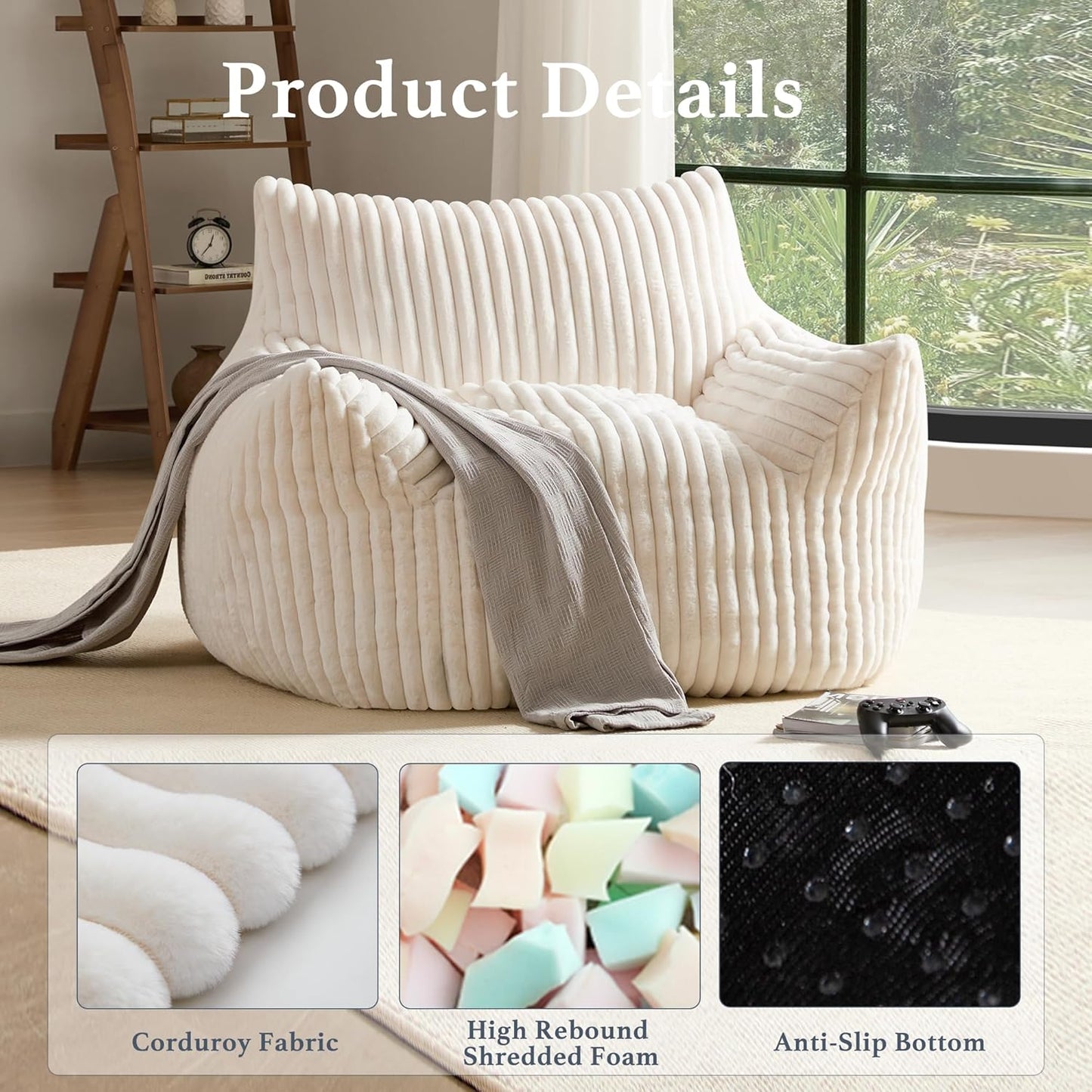 Giant Plush Bean Bag Chair for Adults with Armrests - Oversized Comfy Beige Beanbag Lounge Lazy Floor Sofa Accent Chair for Living Room, Bedroom & Dorm, Cozy Fluffy Single Cloud Mini Couch