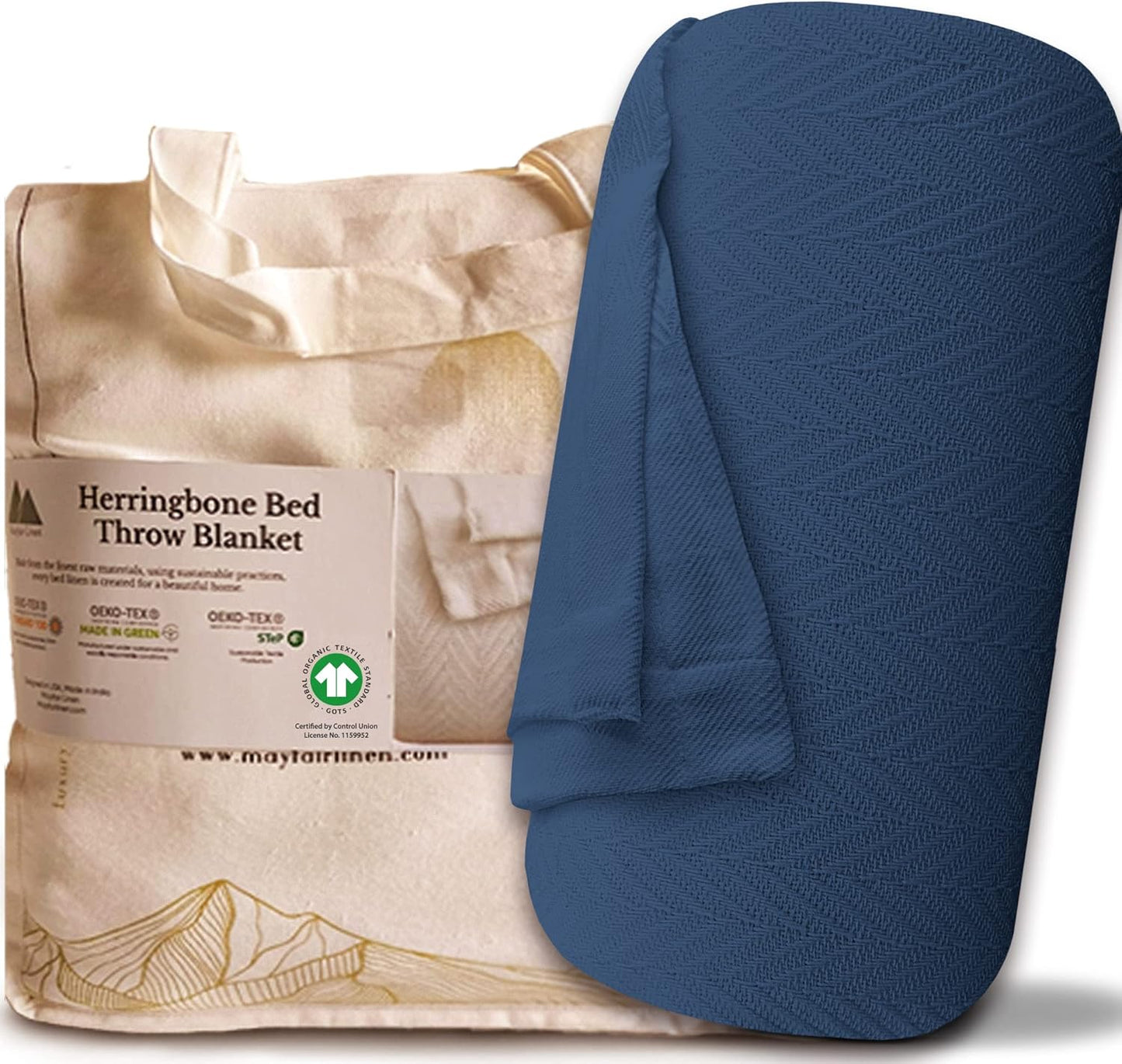 Mayfair Linen 100% Pure Cotton, Luxury King/Cal King Size Medium Blue Blanket - Herringbone Pattern, Soft &Cozy Premium Fall Throw Blanket for All Seasons, 350GSM &106x92 with Free Tote Bag