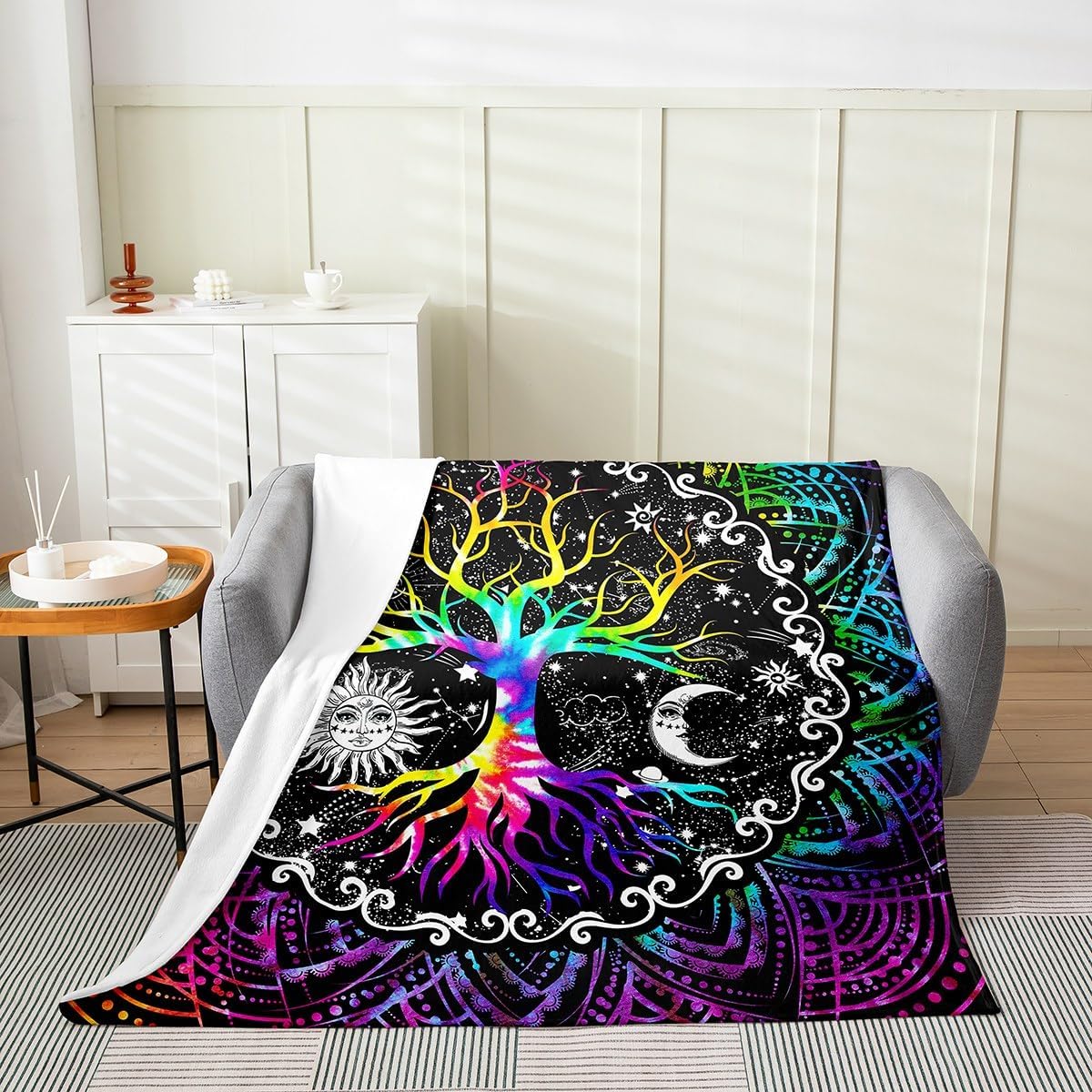 Erosebridal Sun and Moon Blanket Queen 90x90,Black and White Throw Blanket for Kids Boys Girls,Psychedelic Tree of Life Fleece Blanket,Galaxy Stars Mandala Tribal Flannel Blanket All Season