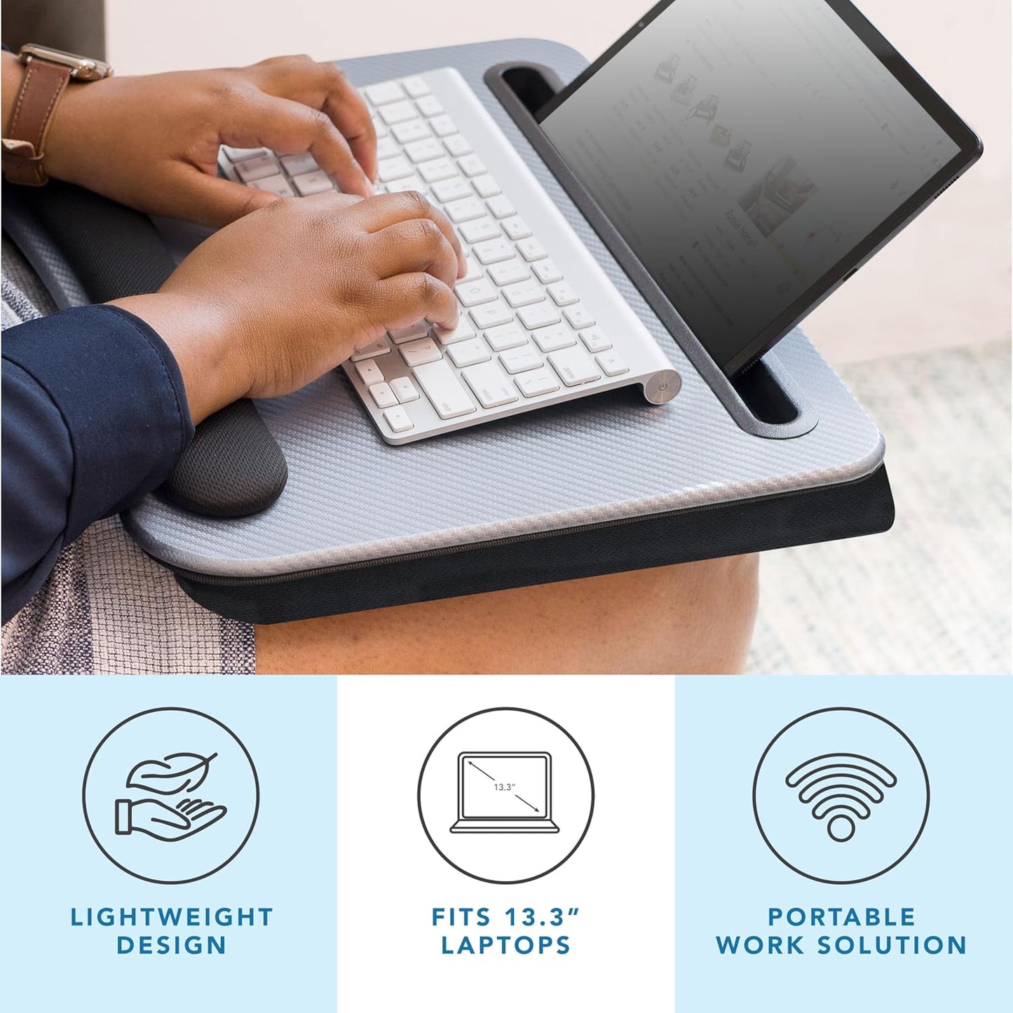 LAPGEAR Memory Foam Lap Desk with Wrist Rest and Media Slot - Medium - Silver Carbon - Fits up to 15.6 Inch Laptops and Most Tablet Devices - Style No. 91335