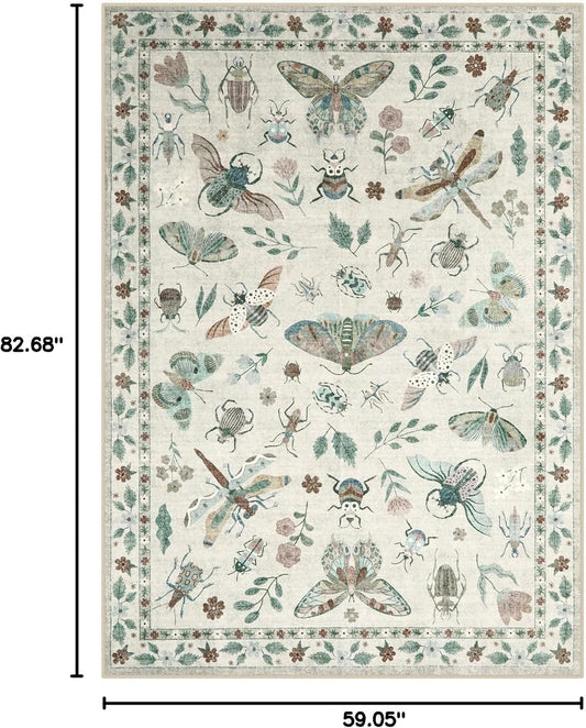 Lahome Insect Print Washable Area Rugs 5x7, Soft Rugs for Living Room Ultra-Thin Non-Shedding Modern Bedroom Rug, Throw Rug Large Carpet for Dining Room Nursery Vionnet(5'x7',Beige)