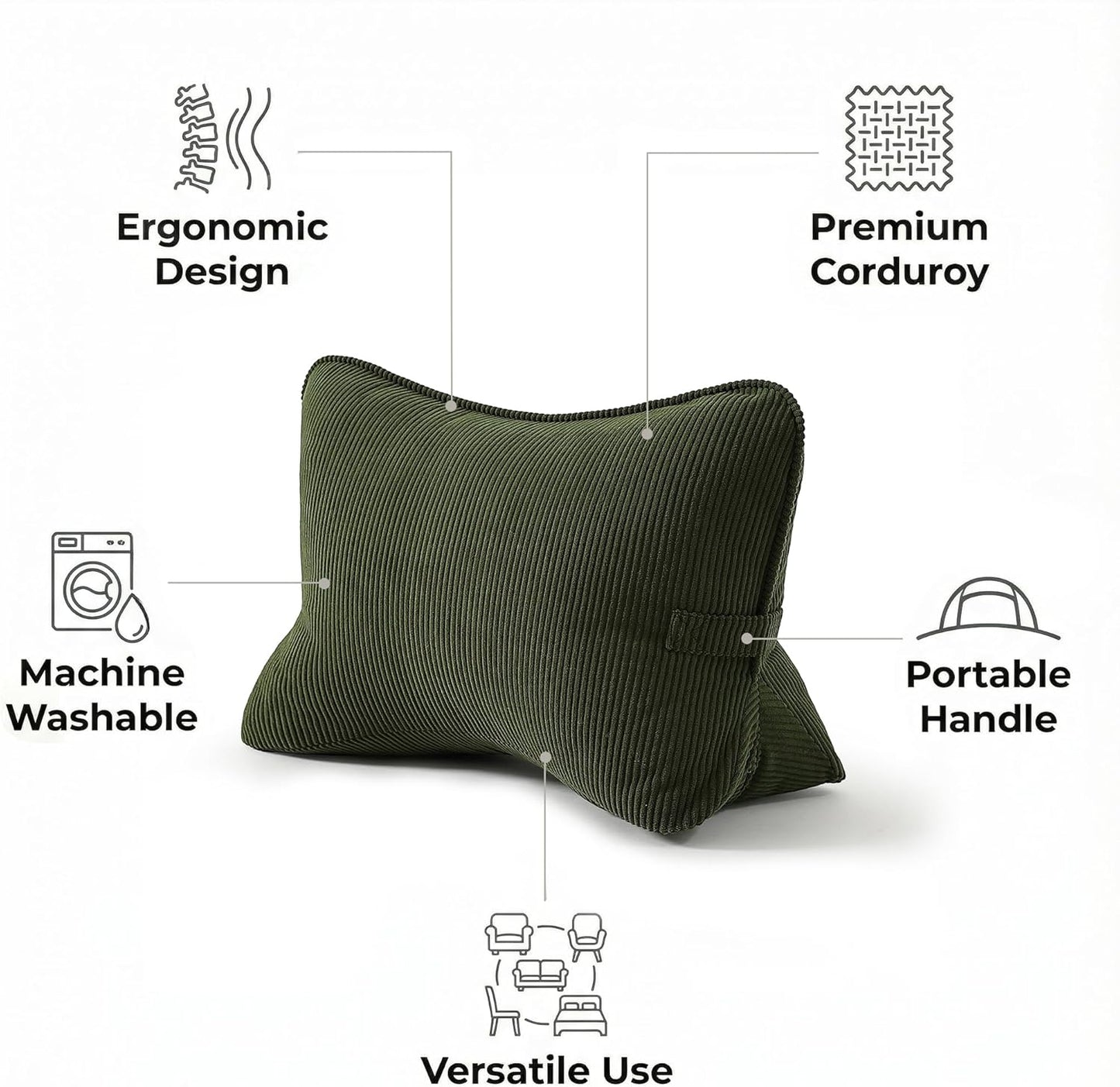Corduroy Ergonomic Lumbar Support Pillow for Sitting Support, Triangle Back Cushion for Sofa, Armchair & Bed, Washable Cover, Avocado Green