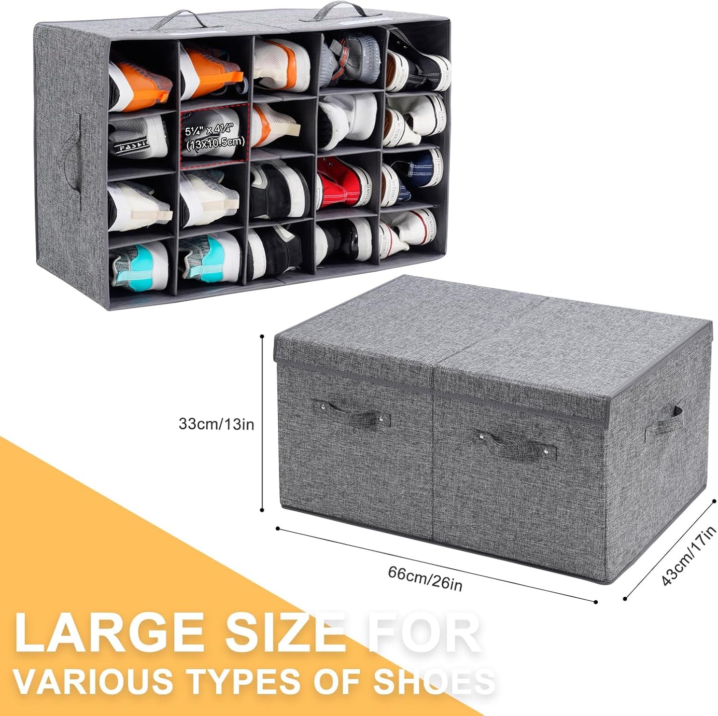 Shoe Storage Organizer for Closet Fits 20 Pairs, Large Shoe Storage Box Bins Containers with Lid and Adjustable Dividers for Shoes, Sneakers and High Heeled, Hard Shell and Stackable (Grey)