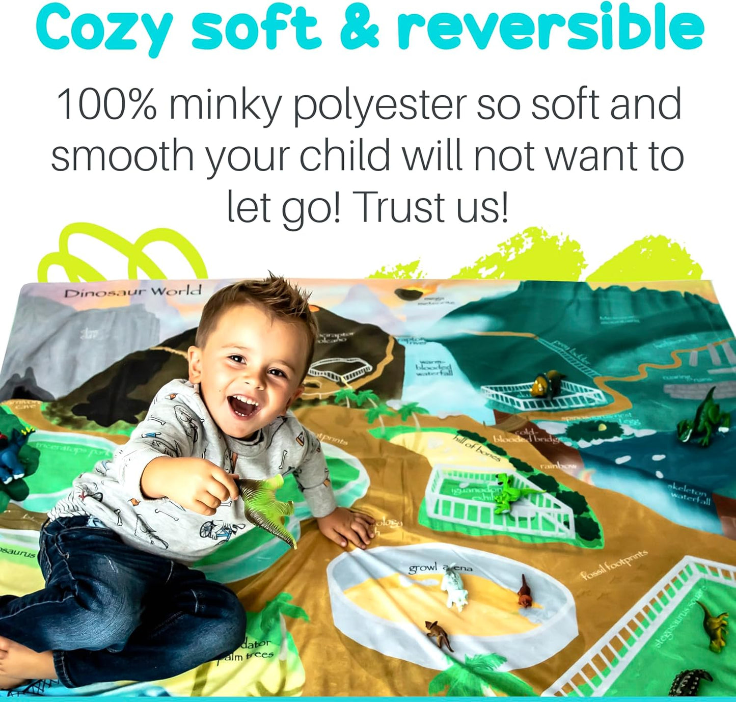 Birdy Boutique – Learning Blanket® – Double-Sided Dinosaur & Vehicle City Theme – 50" x 60" Soft Minky Educational Blanket for Kids – Playmat Throw for Preschool, Toddler, Daycare, Bedroom or Travel