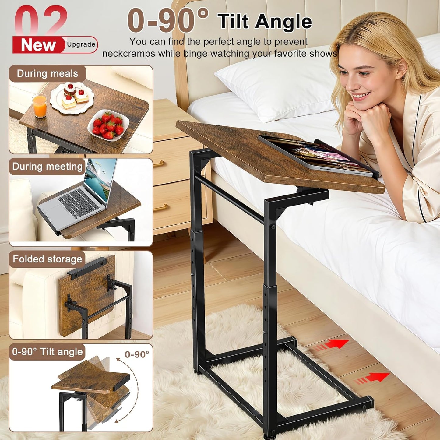 Tv Tray Table Set of 2, Living Room Table Sets 8-Level Adjustable Height Couch Side Table,90° Tilt Angle foldable End Table,Laptop Table with Phone & Tablet Slot Dinner Tray Desk for Recliner/Sofa/Bed