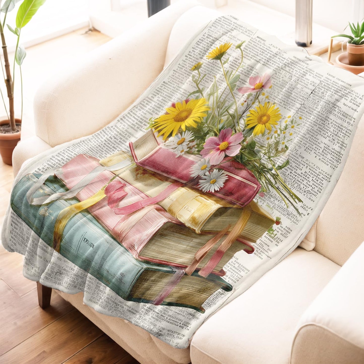 Vintage Book Flower Blanket, Botanical Reading Flannel Throw Blankets, 50"x60", Soft Warm Lightweight Fuzzy Cozy Throws for Couch Bed Sofa Decorative Gifts for Book Lover Women, Beige