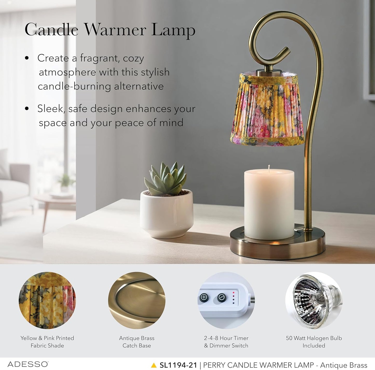 Adesso Candle Warmer Lamp – Flameless Candle Melter with Adjustable Timer & Dimmable Light, Bulb Included, Antique Brass Base & Floral Printed Shade, for Home, Dorm, or Office