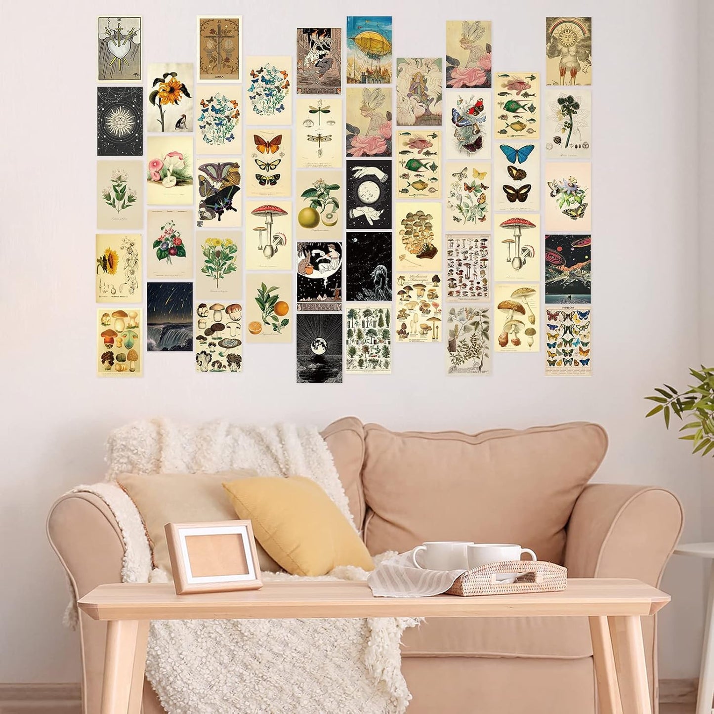 Containlol 60 Pcs Vintage Wall Collage Kit Maximalist Paintings Art Prints Botanical Illustration Tarot Aesthetic Vintage Prints Cards Photo Wall Collection Aesthetic Collage Dorm Bedroom Decor