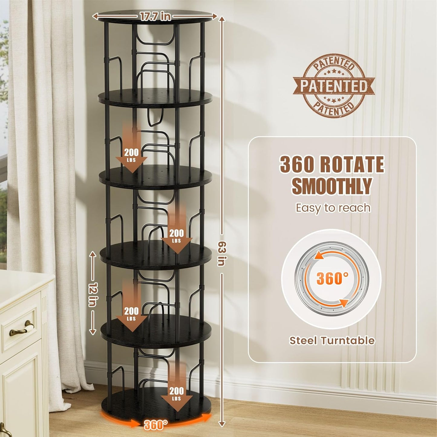 Flycity 5 Tier Rotating Bookshelf, 360° Corner Bookshelf Tower, Round Revolving Bookcase with Special Visible Partition Storage, Narrow Book Shelf Organizer for Living Room, Small Space, Black