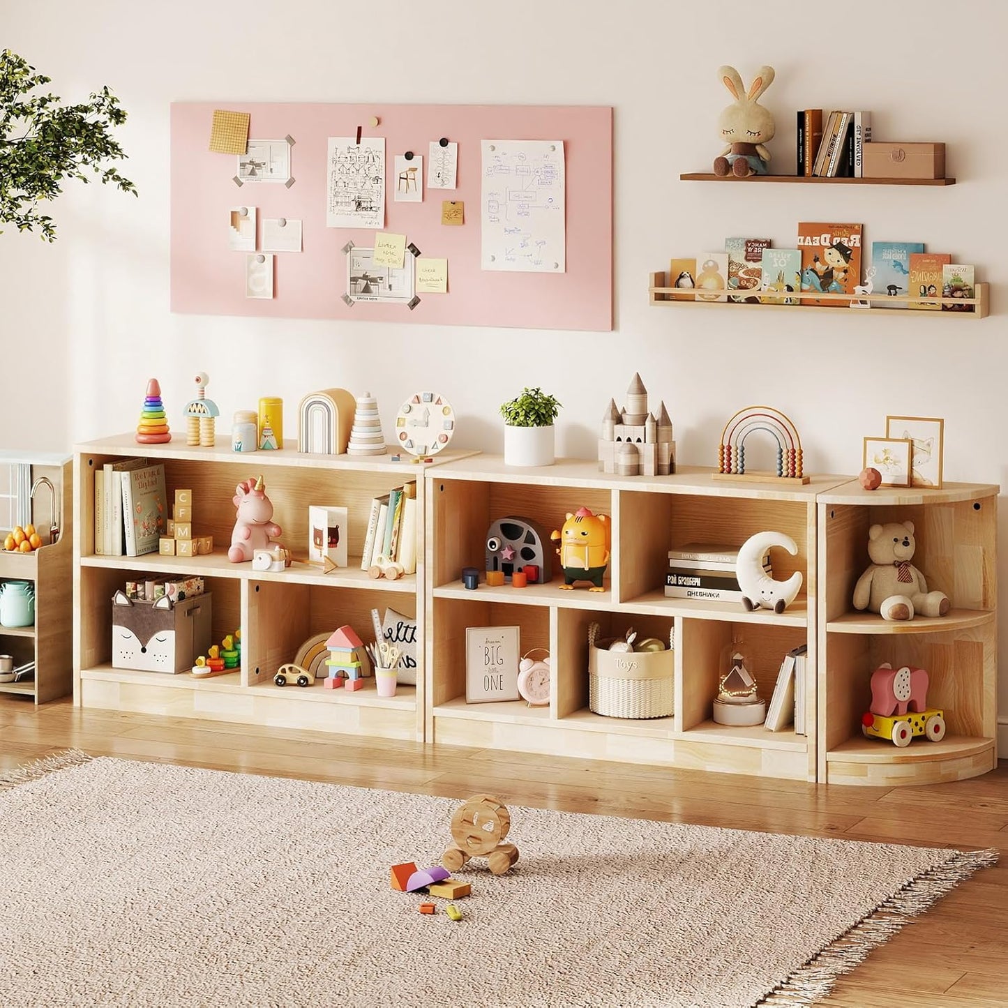 Rubber Wood Corner Cabinet, 2-Tier Kids Montessori Shelf, Toy Storage Organizer and Book Shelf for Playroom, Nursery, Kids Room, Kindergarten