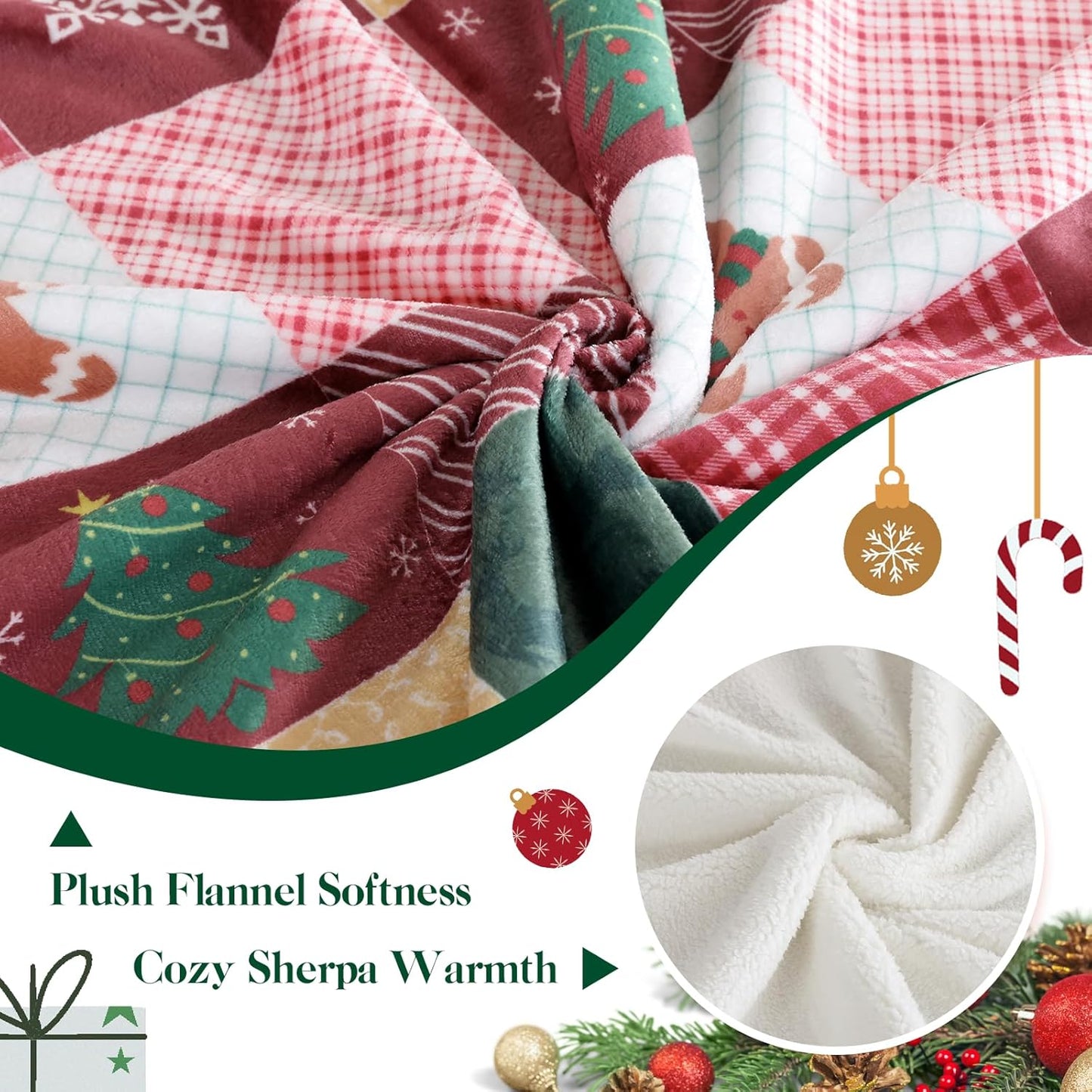 TRUEDAYS Christmas Throw Blanket 50x60 - Fluffy Sherpa Fleece Blanket for Couch & Bed, Cozy Soft Plaid Gingerbread Xmas Tree Blanket - Classic Checkered Snowflake Christmas Decor