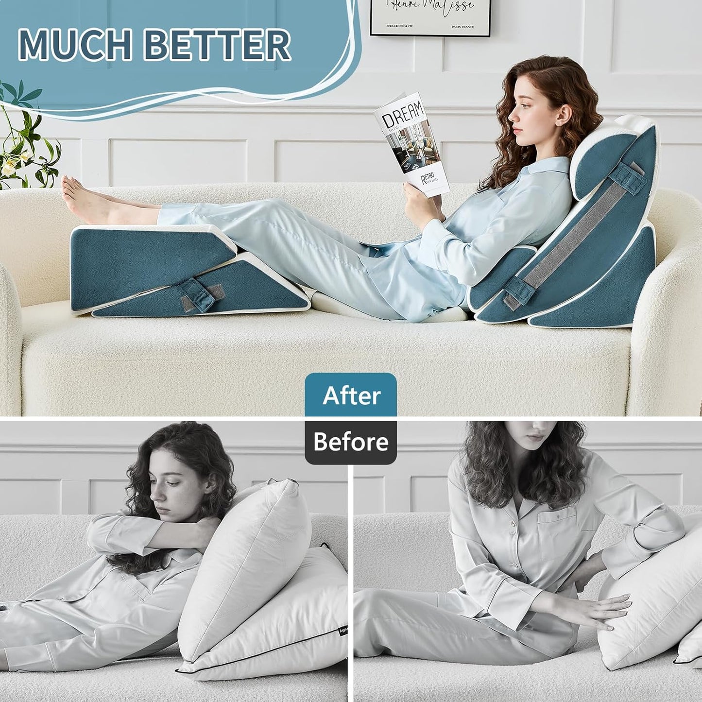 9PCS Wedge Pillow Set for After Surgery Recovery, Adjustable Memory Foam Neck Pillow, Foam Leg Pillow, Relieves Neck, Leg Pain, Sleep Apnea, and Functions as a Reading Pillow Blue