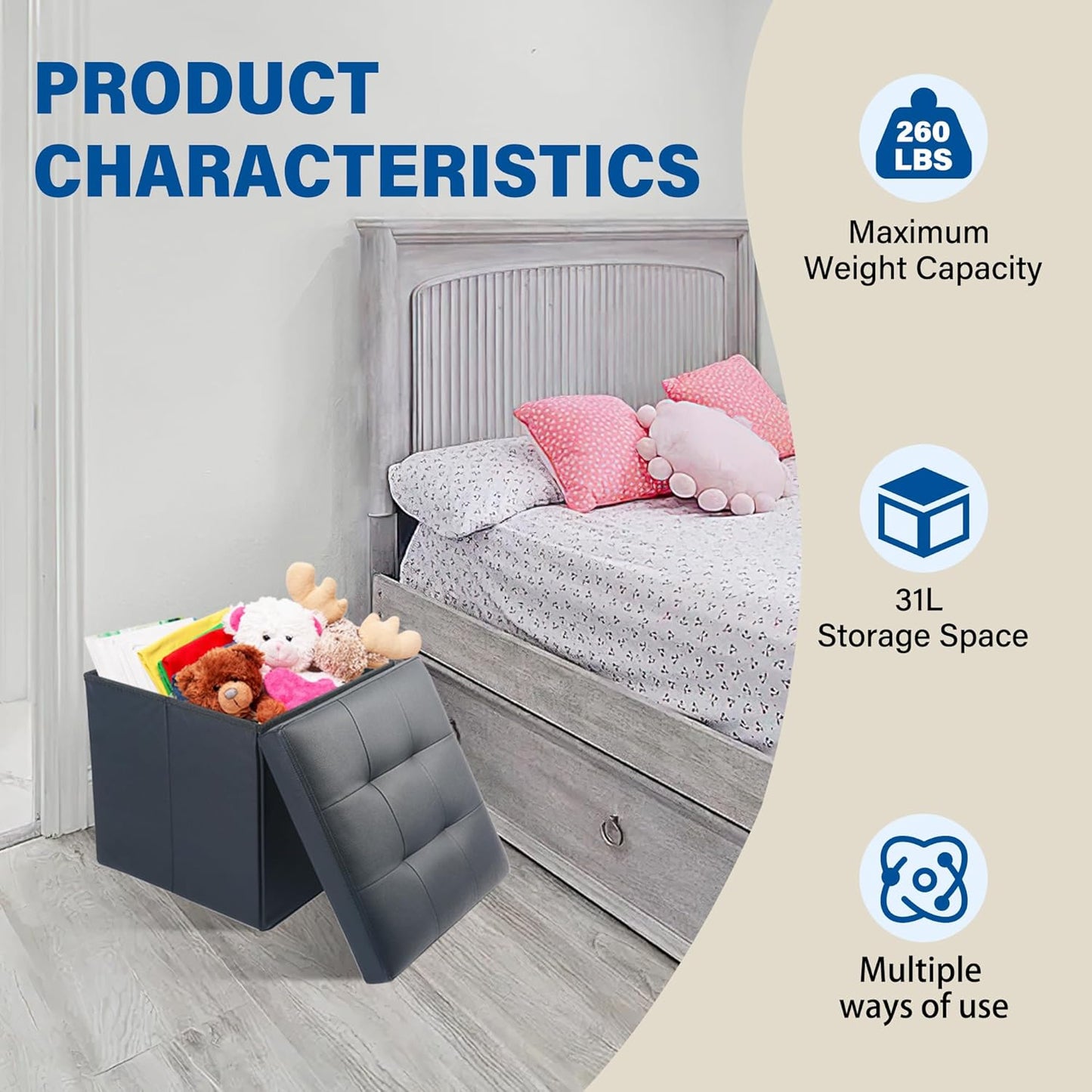 LotFancy Storage Ottoman, 2 Pack, Foldable Foot Rest Stool, 13x12x12 Inches Small Leather Bench with Storage, Holds up to 260 lb, for Living Room, Bedroom, Dorm, Black