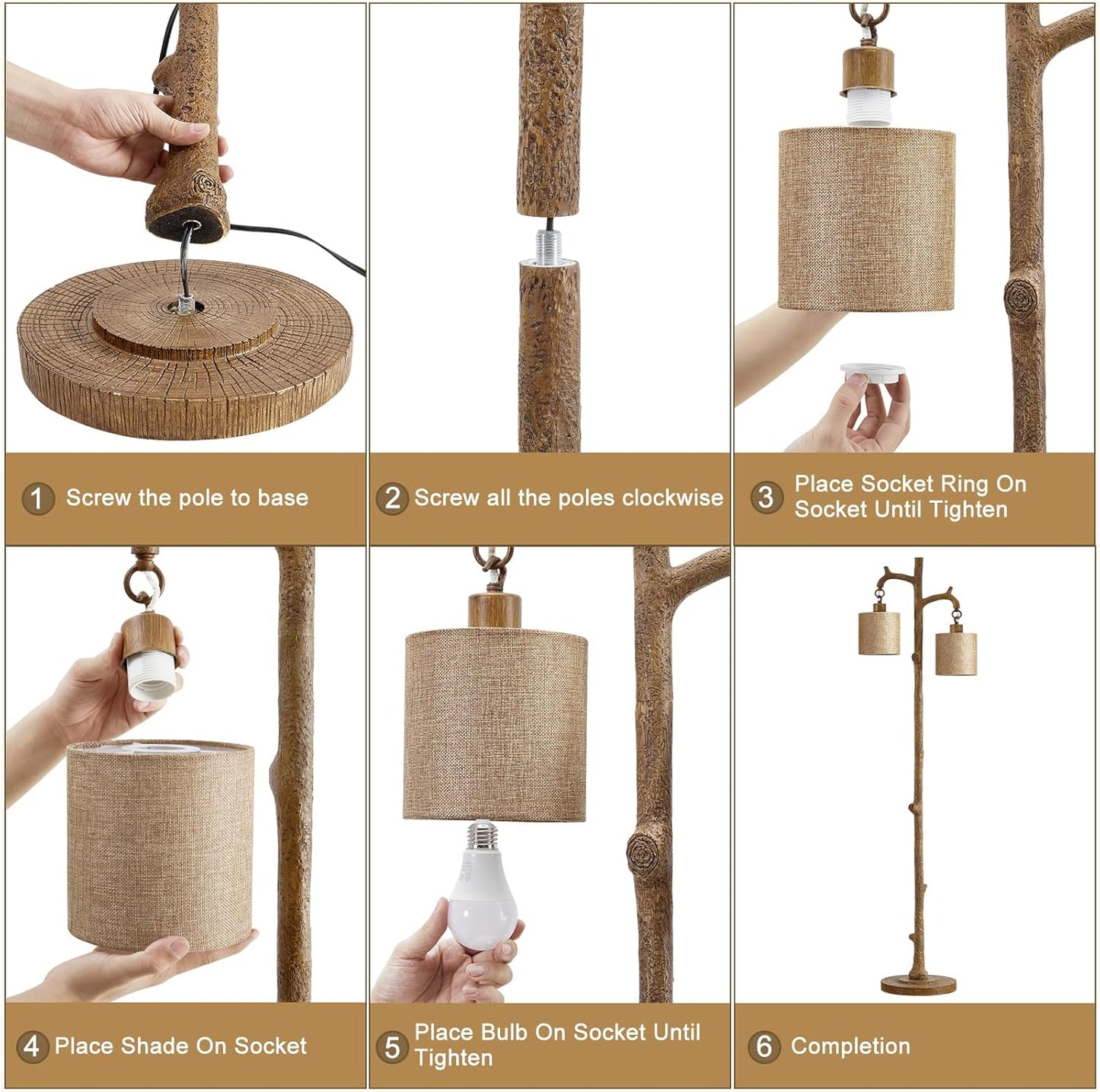 Rustic Floor Lamp for Living Room - Newly Upgraded Heavy-Duty Resin Base Farmhouse Floor Lamp with 2 Country Vintage Reading Light - Standing Lamps for Bedroom Office Home Decor (Brown, 2 Bulbs)