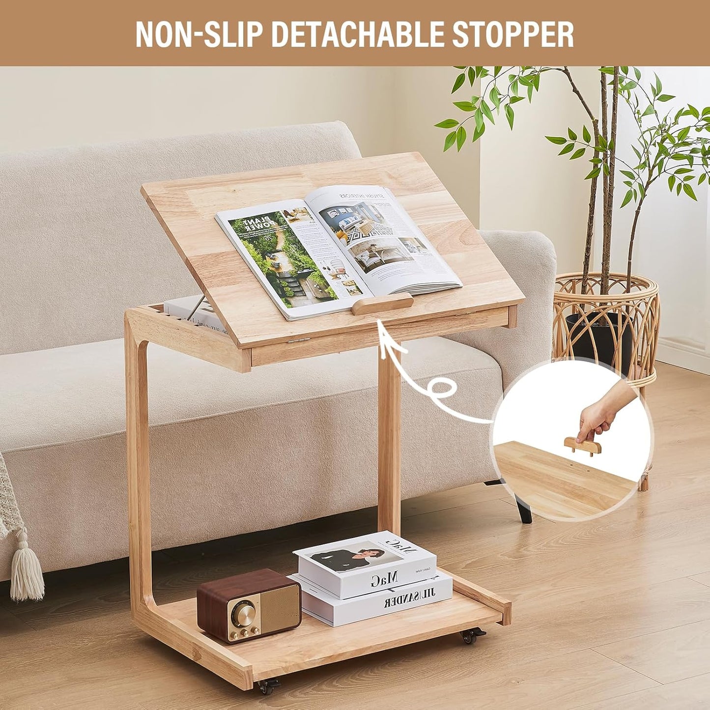 Couch Tables That Slide Under - C Shaped End Table for Couch, Wooden Side Table for Sofa, Small Sofa Arm Tray Desk, Rolling Side Table with Wheels for Laptop/Living Room/Bedroom, Natural