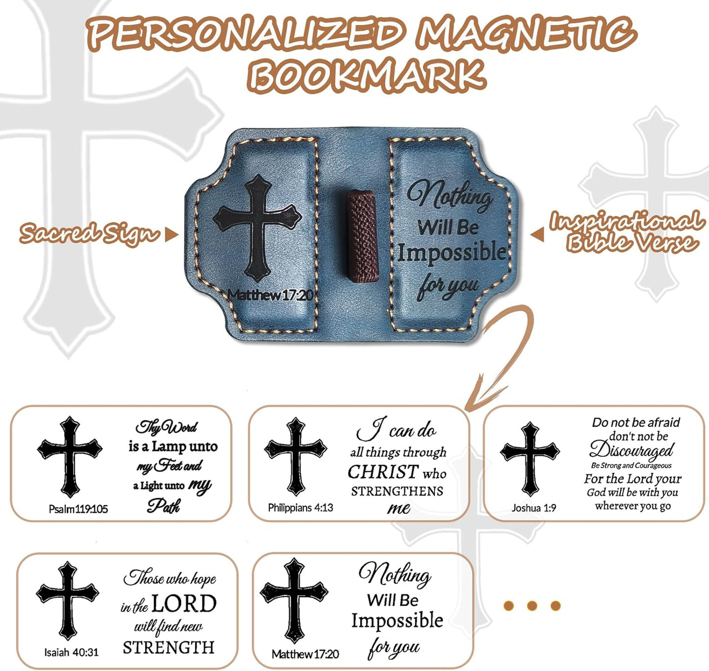 Bygone Mark Personalized Magnetic Leather Bookmark with Pen Holder,Inspirational Bible Verse Religious Bookmarks,Christian Book Lovers Reading Accessory for Men Women (Blue, Matthew 17:20)