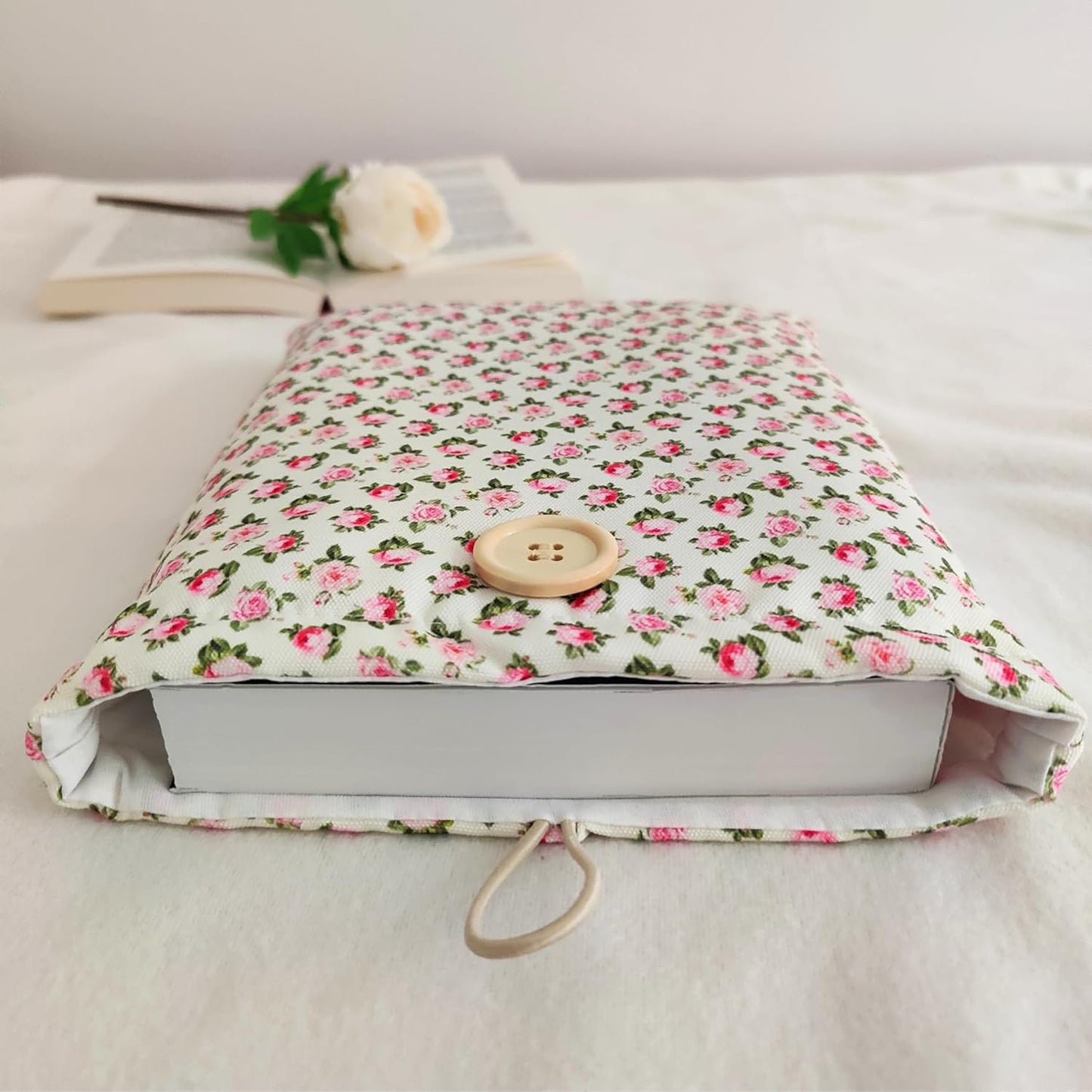 Floral Book Sleeve - Elegant Book Cover with Wooden Button, Cotton Padded Protector for Paperbacks & Hardcovers, Ideal for Book Lovers, Durable Design (White & Roses, Large)