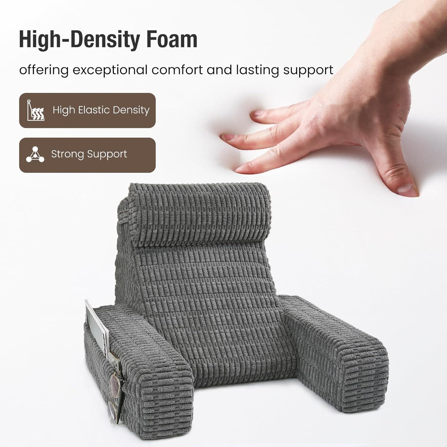 19" Reading Pillow for Bed with Built-in Arms & Large Pockets, Supportive Backrest Cushion for Reading, Resting, or Reclining, Washable Cover – Grey