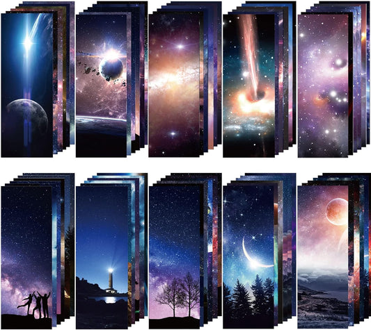 Chinco 120 Pieces Cool Space Galaxy Bookmarks Set for Kids 60 Design Kids Bookmarks Bulk for Space Galaxy Book Lovers Men Boys Classroom Students Gifts